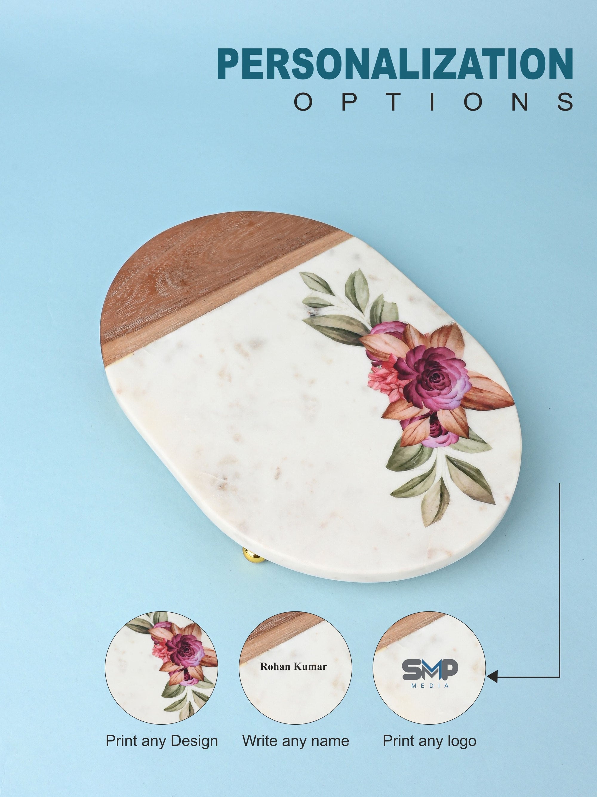 Printed Serving Tray Made of Marble and Wood with Stylish Metal Legs
