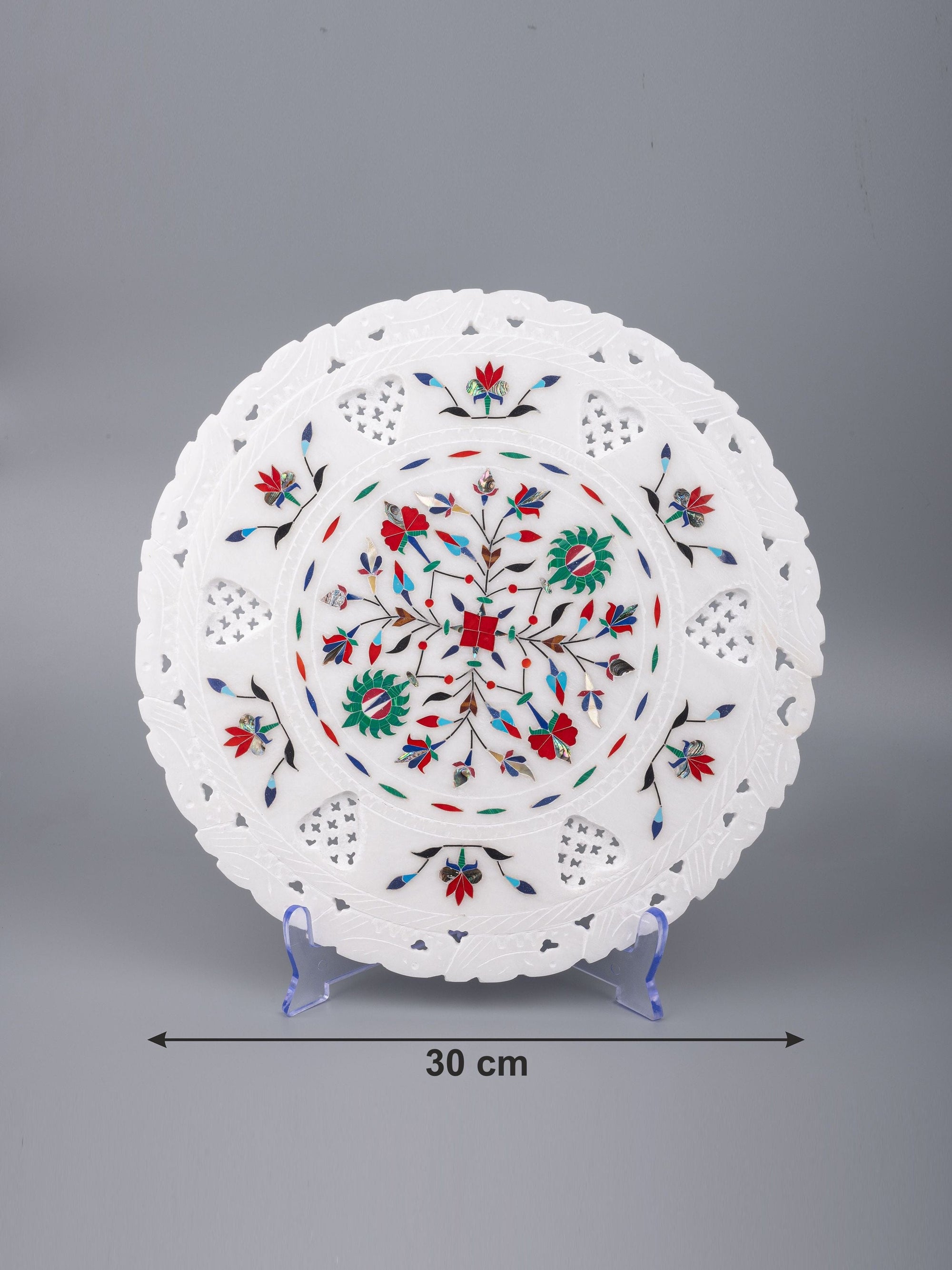 Marble décor plate with intricate red and green floral inlay work - 12 inches - The Heritage Artifacts