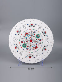 Marble décor plate with intricate red and green floral inlay work - 12 inches - The Heritage Artifacts
