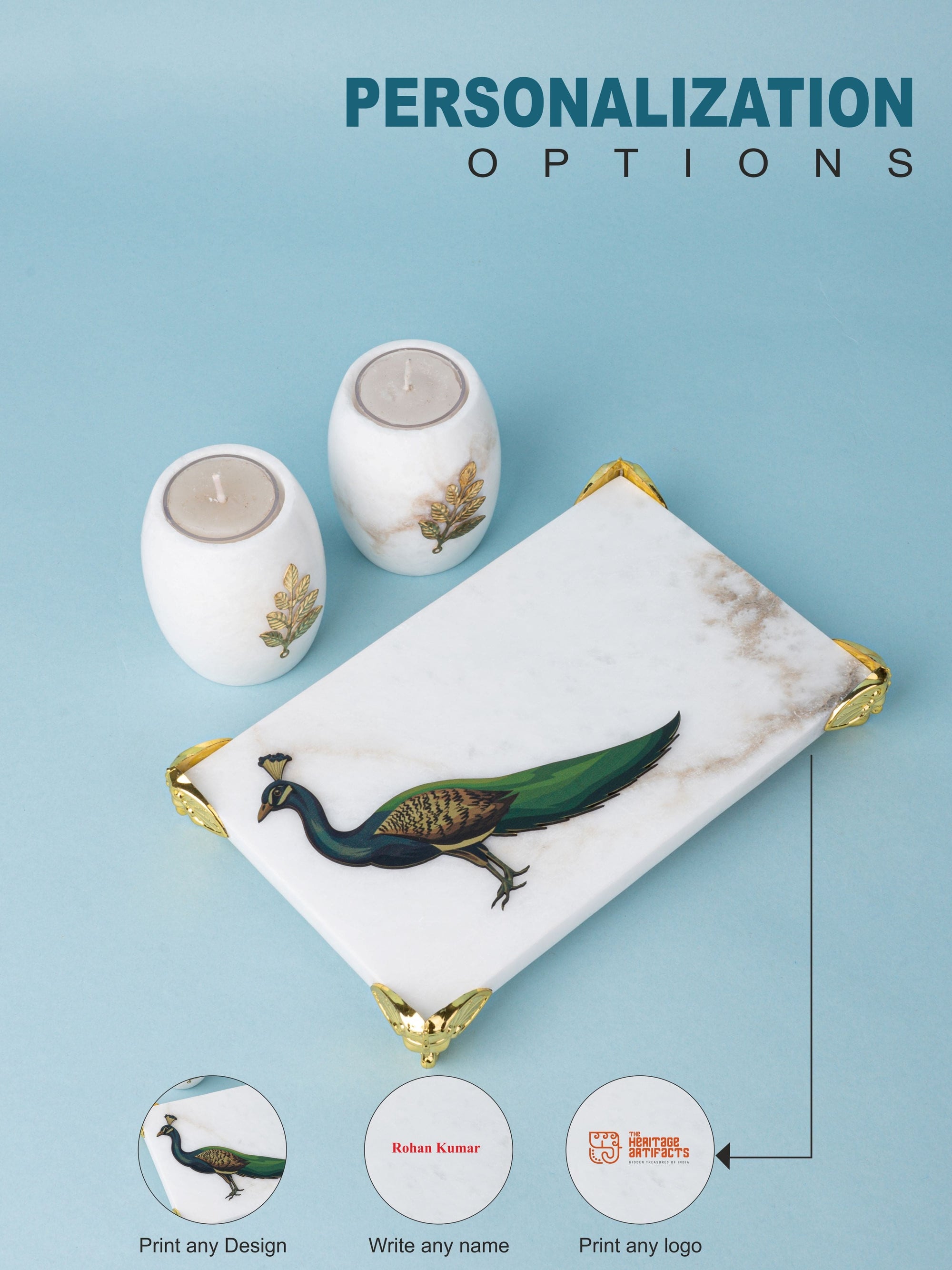 Set of 2 Tea light Candle Holders in a Rectangular Peacock Tray with Golden Legs