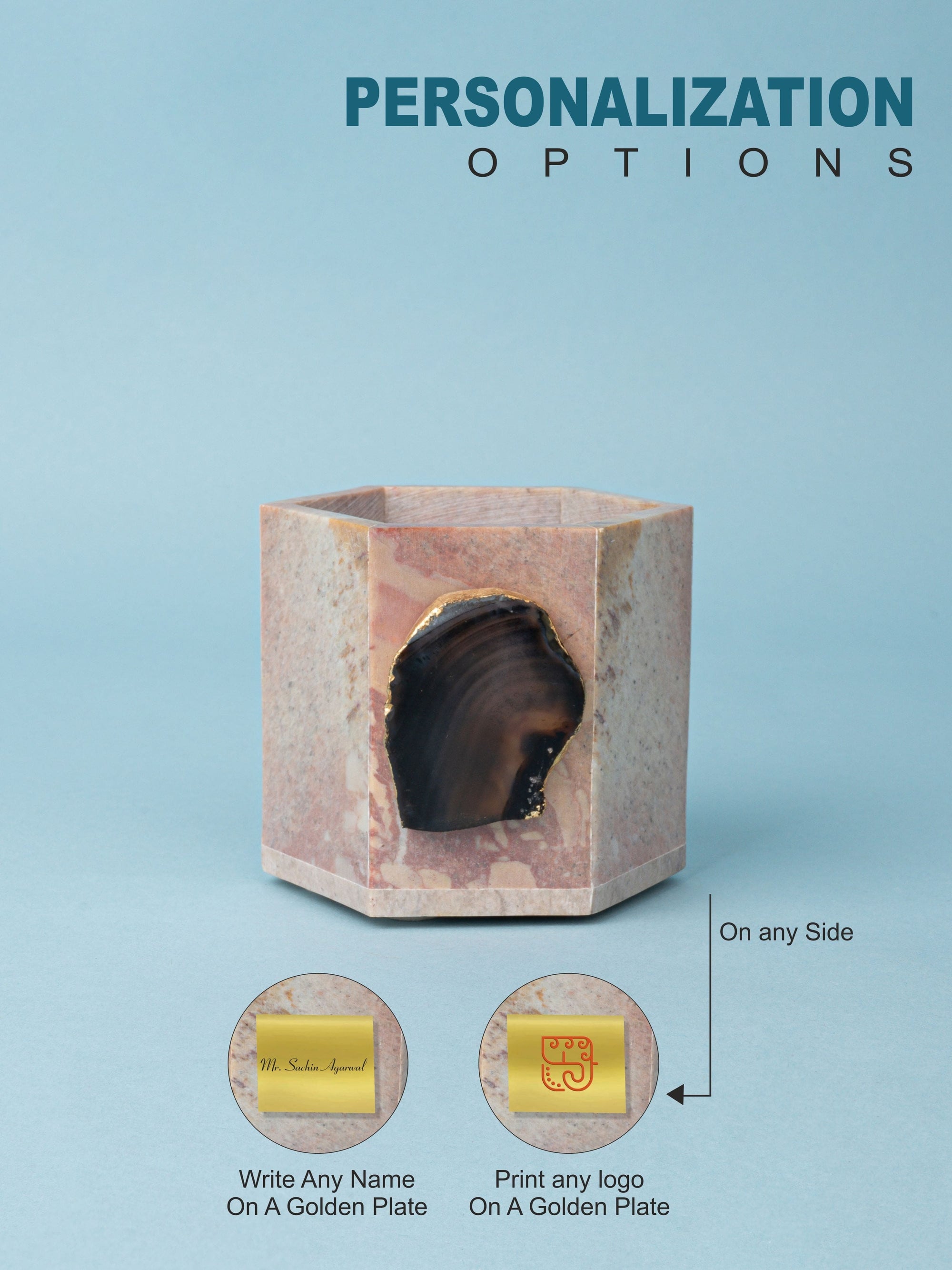 Hexagonal Stone Carved Pen / Pencil Stand Decorated with Agate Stone