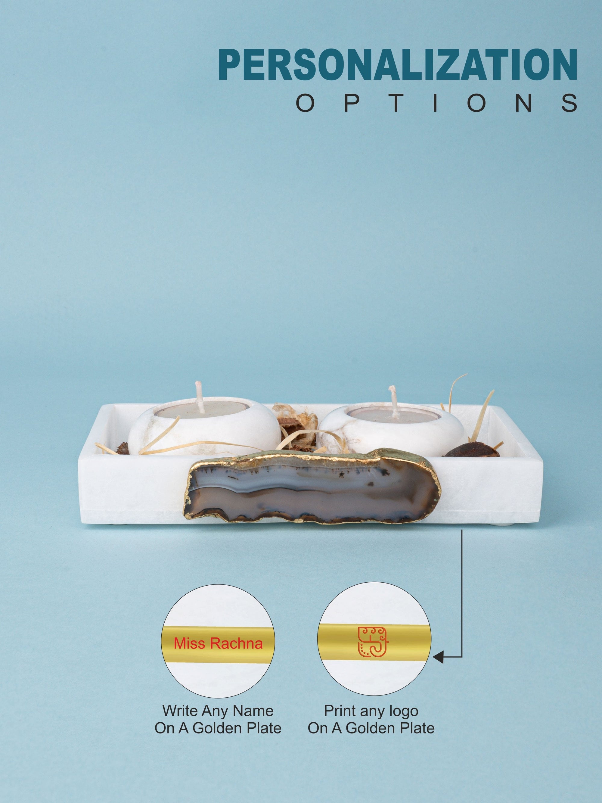 Set of 2 Round T Light Candle Holder on  a Rectangular Tray