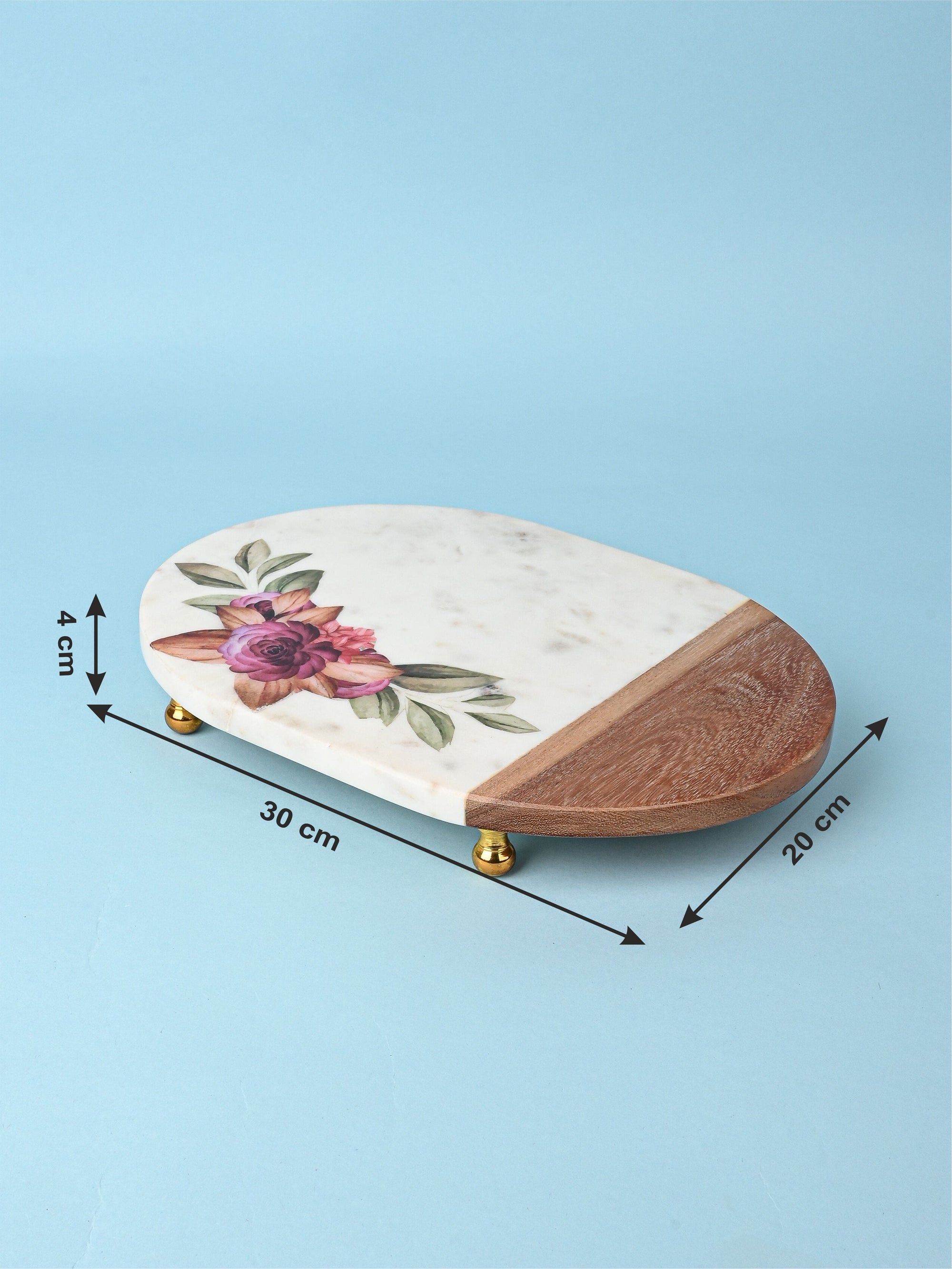 Printed Serving Tray Made of Marble and Wood with Stylish Metal Legs