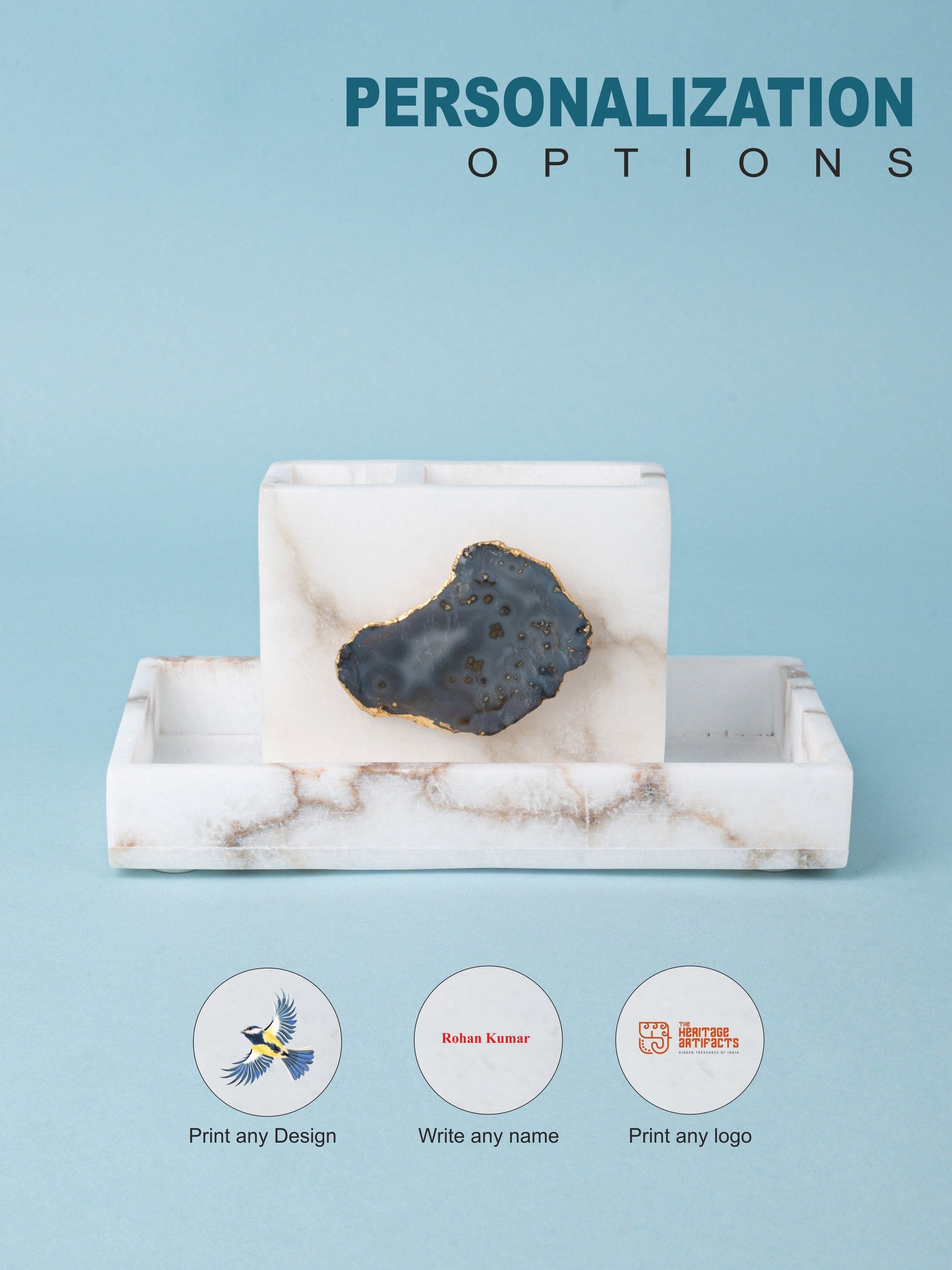 2 Sectional Pen Stand with Agate Stone Design on a Rectangular Tray - Office Organiser