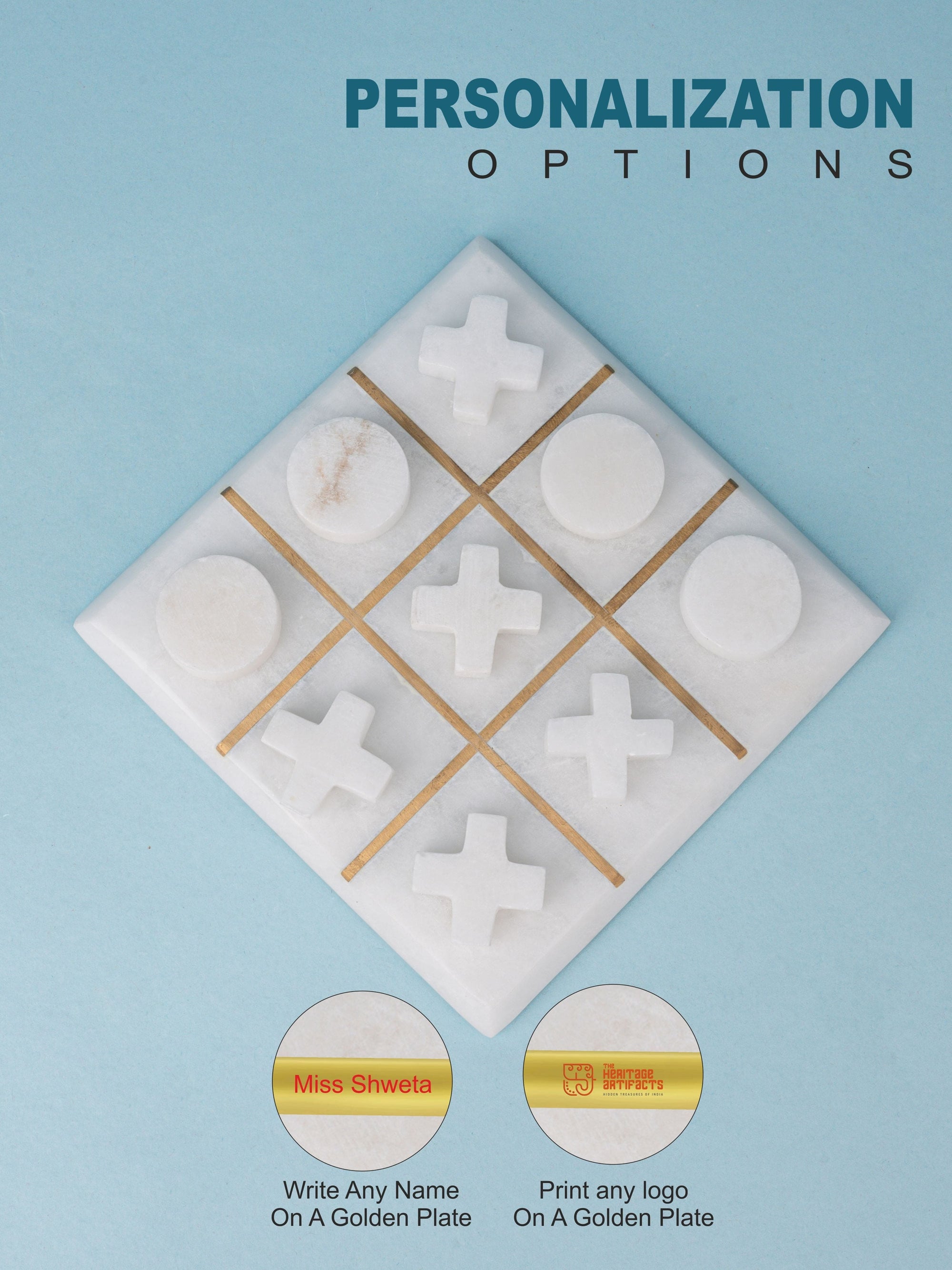 White Marble Tic Tac Toe with Brass Inlay Partitions