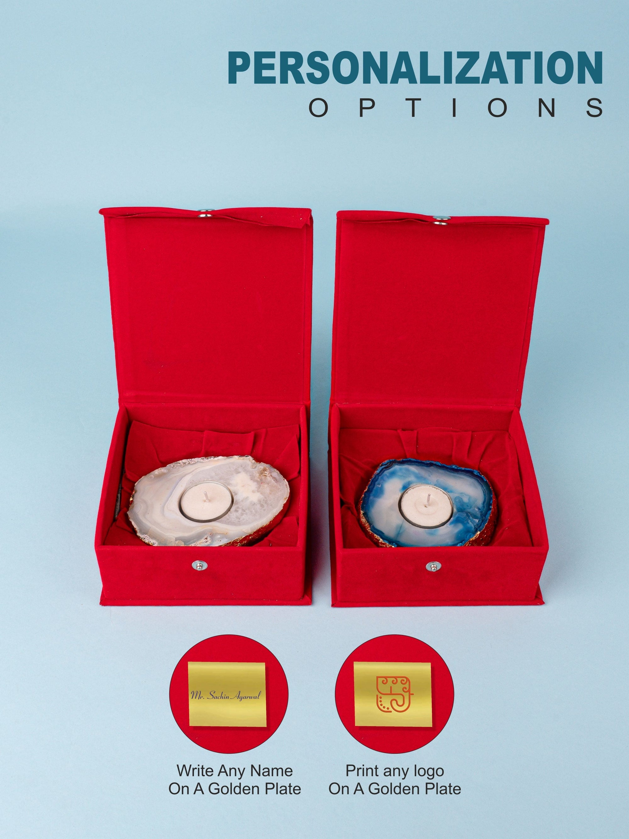 Set of 2 T Light Candle Holders Made in Colorful Agate Stone, Comes in a Gift Box