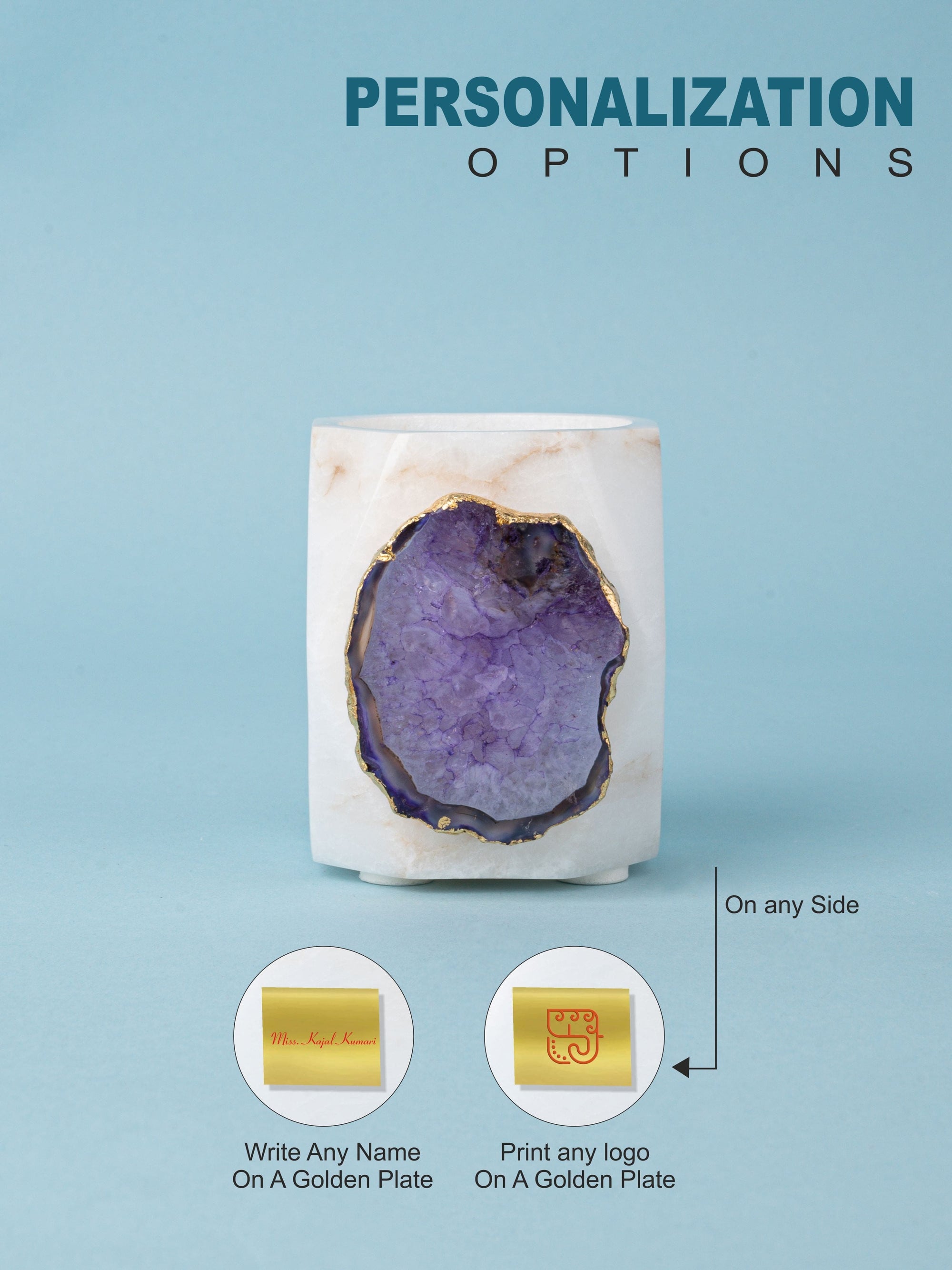 Diamond Cut Design Pen / Pencil Holder with Agate Stone Decoration