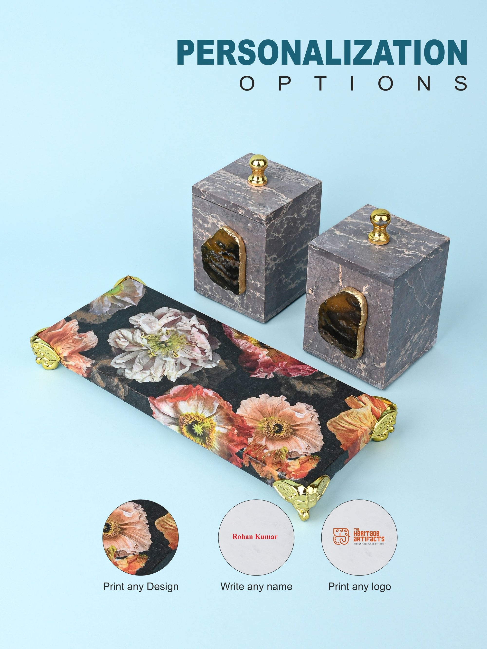 Set of 2 Containers with Agate Stone on a Floral Printed Tray