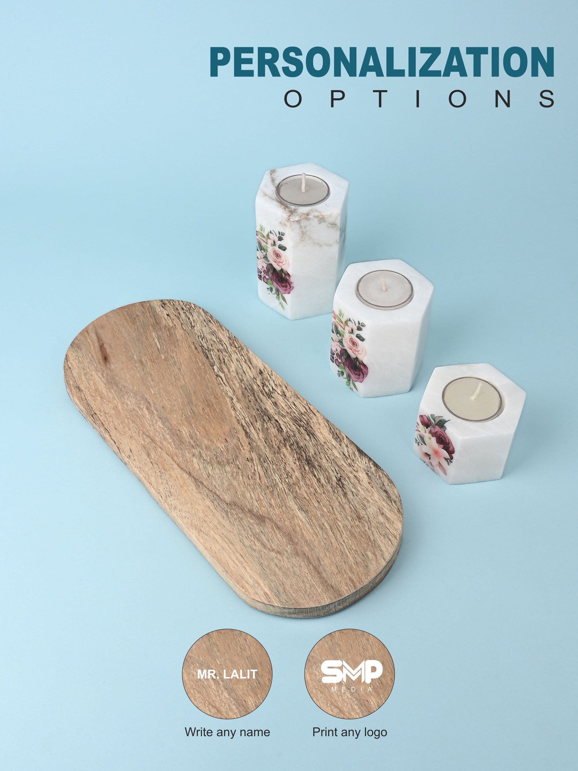Set of 3 pcs Tea Light Candle Holder on a Wooden Plate - White Printed
