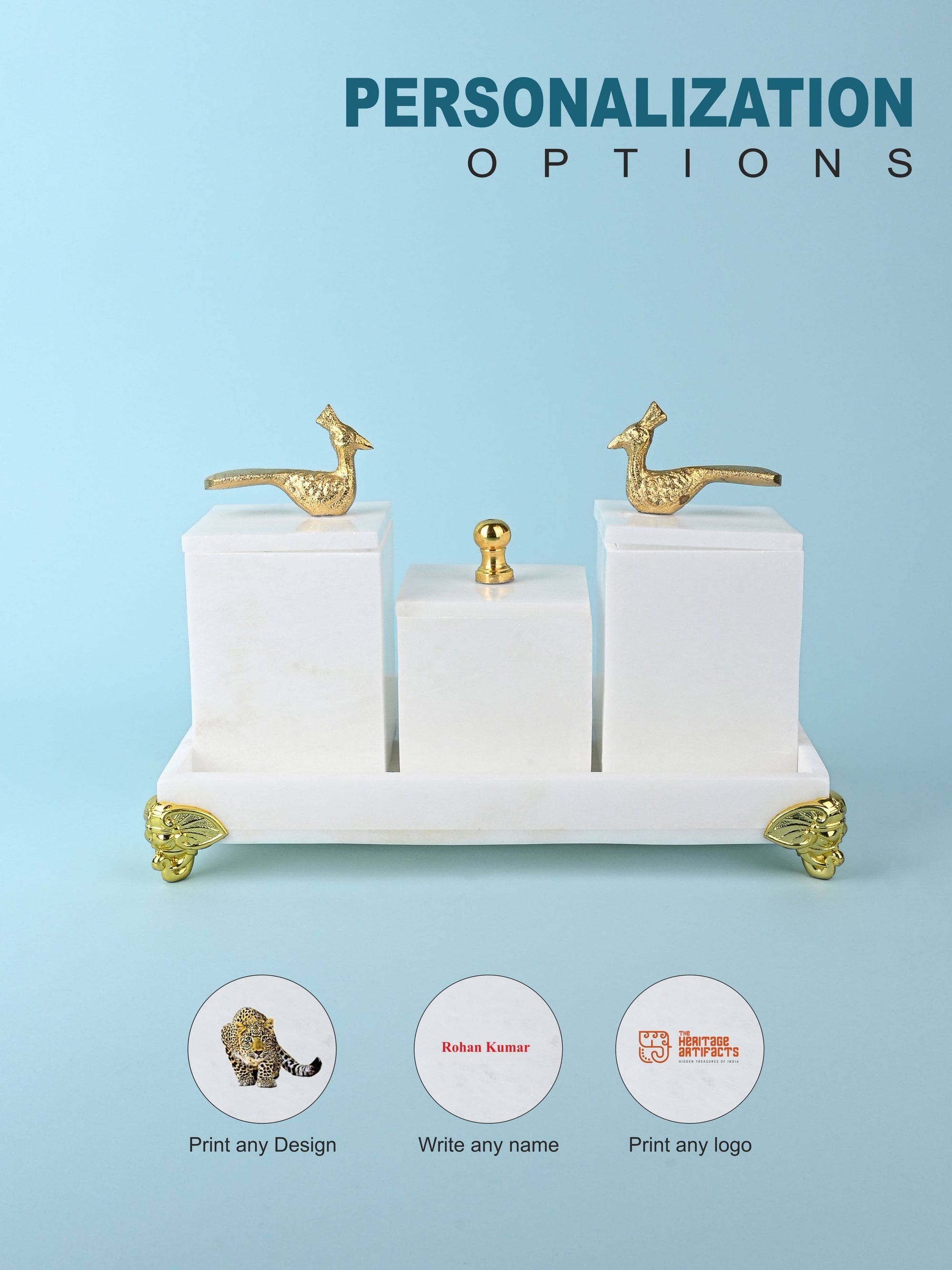 White Marble Set of 3 Containers on a Rectangular Tray with Golden Legs