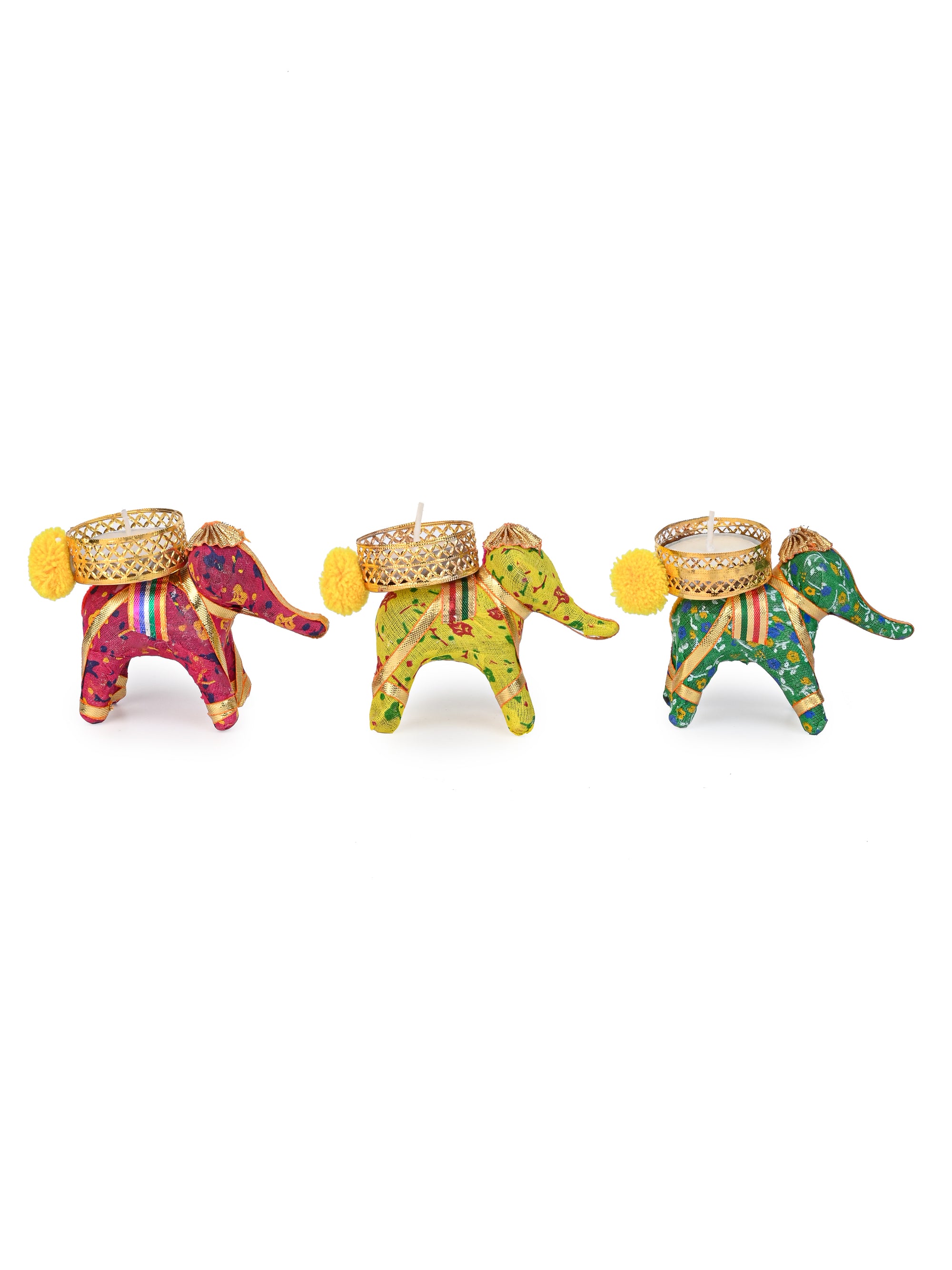 Fabric Crafted Colorful Set of 3 Elephant Diya / T light candle holder