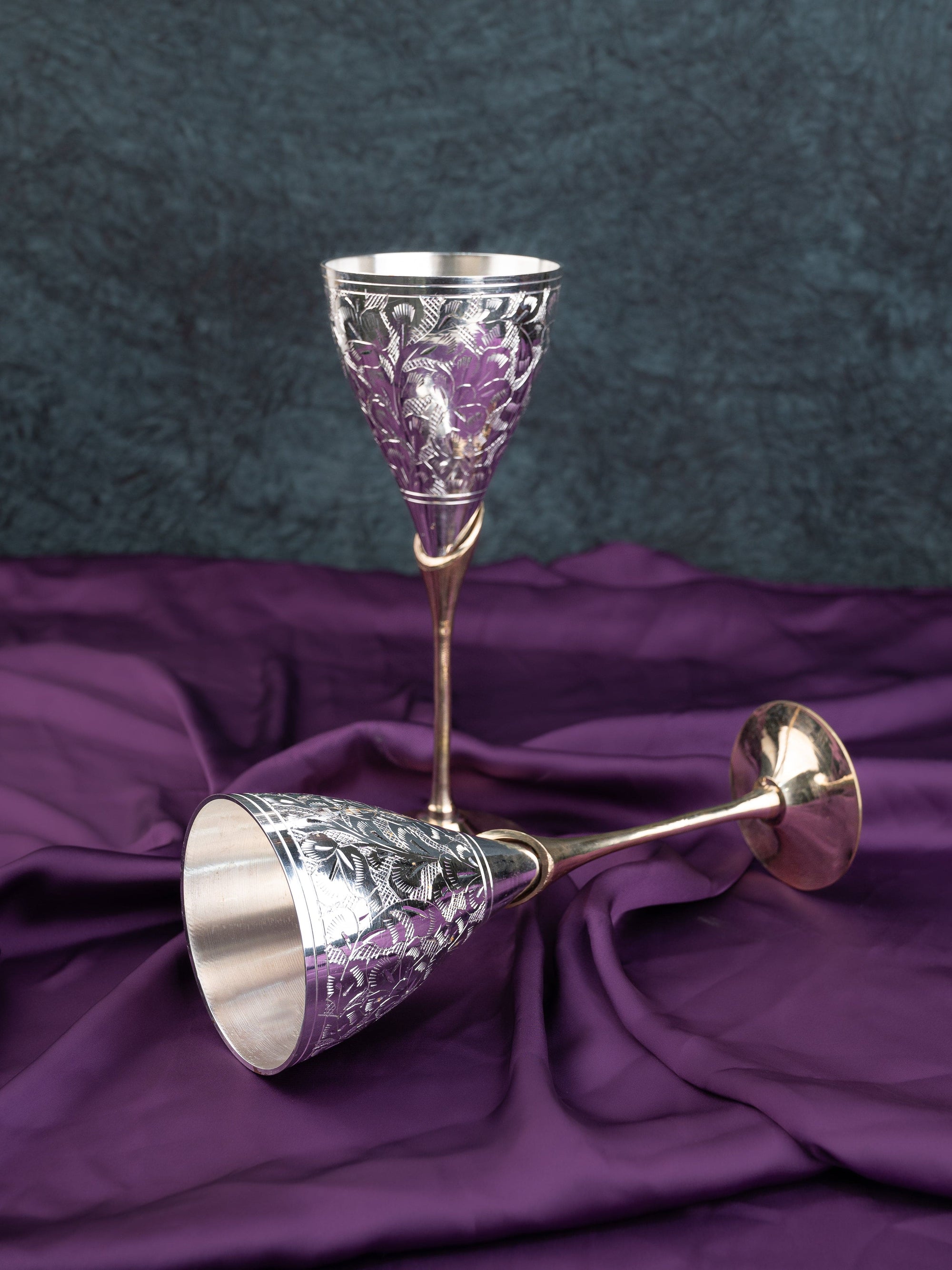 Brass Crafted Luxury Wine Goblets - Set of 2 in Red Velvet Gift box