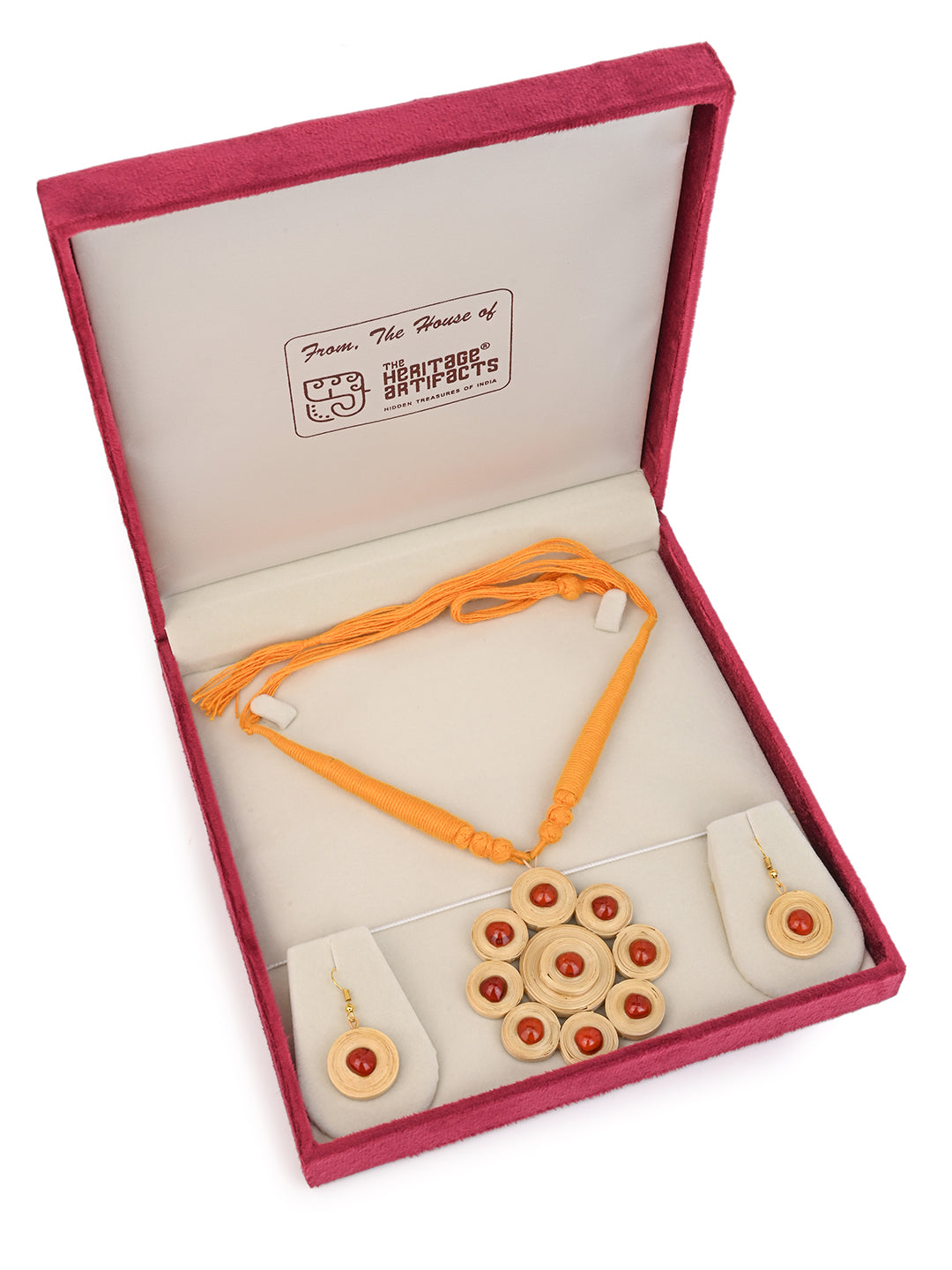 MAURYANA - Bamboo crafted flower design pendant necklace with earrings - adjustable length