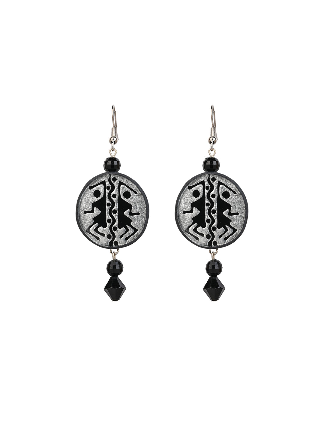 MAURYANA - Black and Grey beaded necklace with square glass pendant and earrings - adjustable length