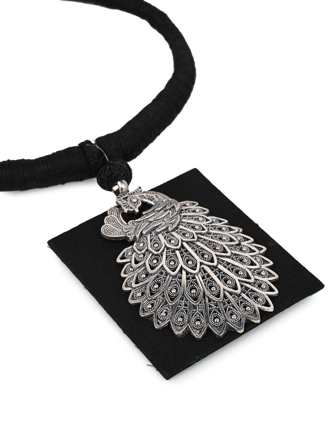 MAURYANA - Black fabric crafted with square metal pendant necklace set with earrings - one size