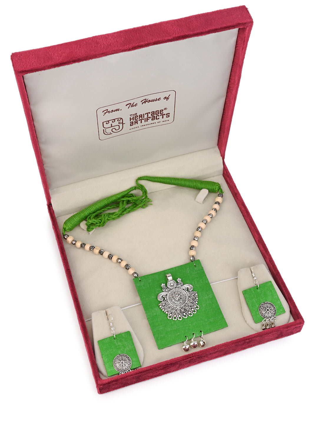 MAURYANA - Green fabric crafted metal pendant necklace set with earrings - adjustable length