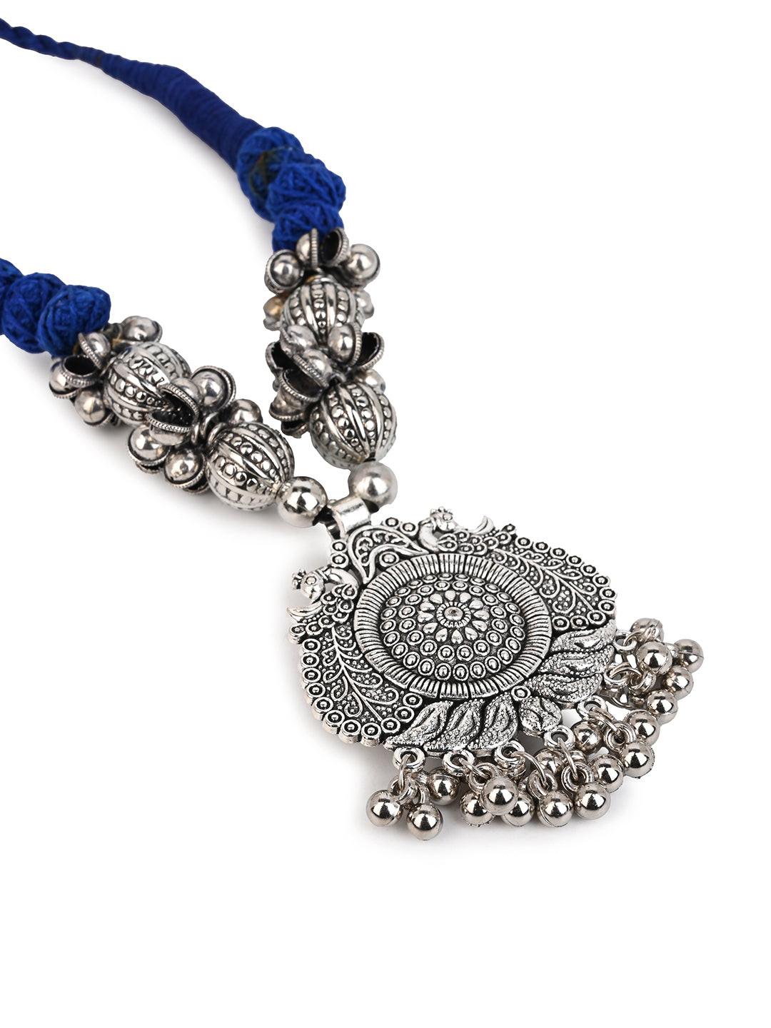 MAURYANA - Oxidised silver pendant necklace set with earrings - adjustable length