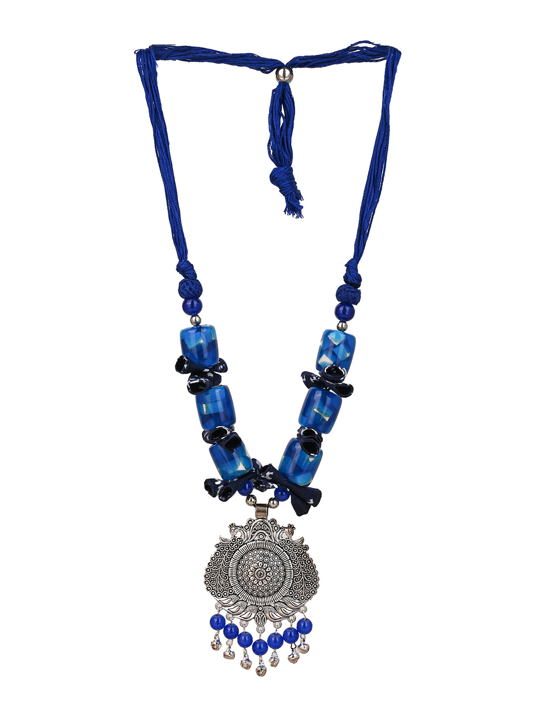 MAURYANA - Blue color beaded necklace with metal pendant and earrings - adjustable length