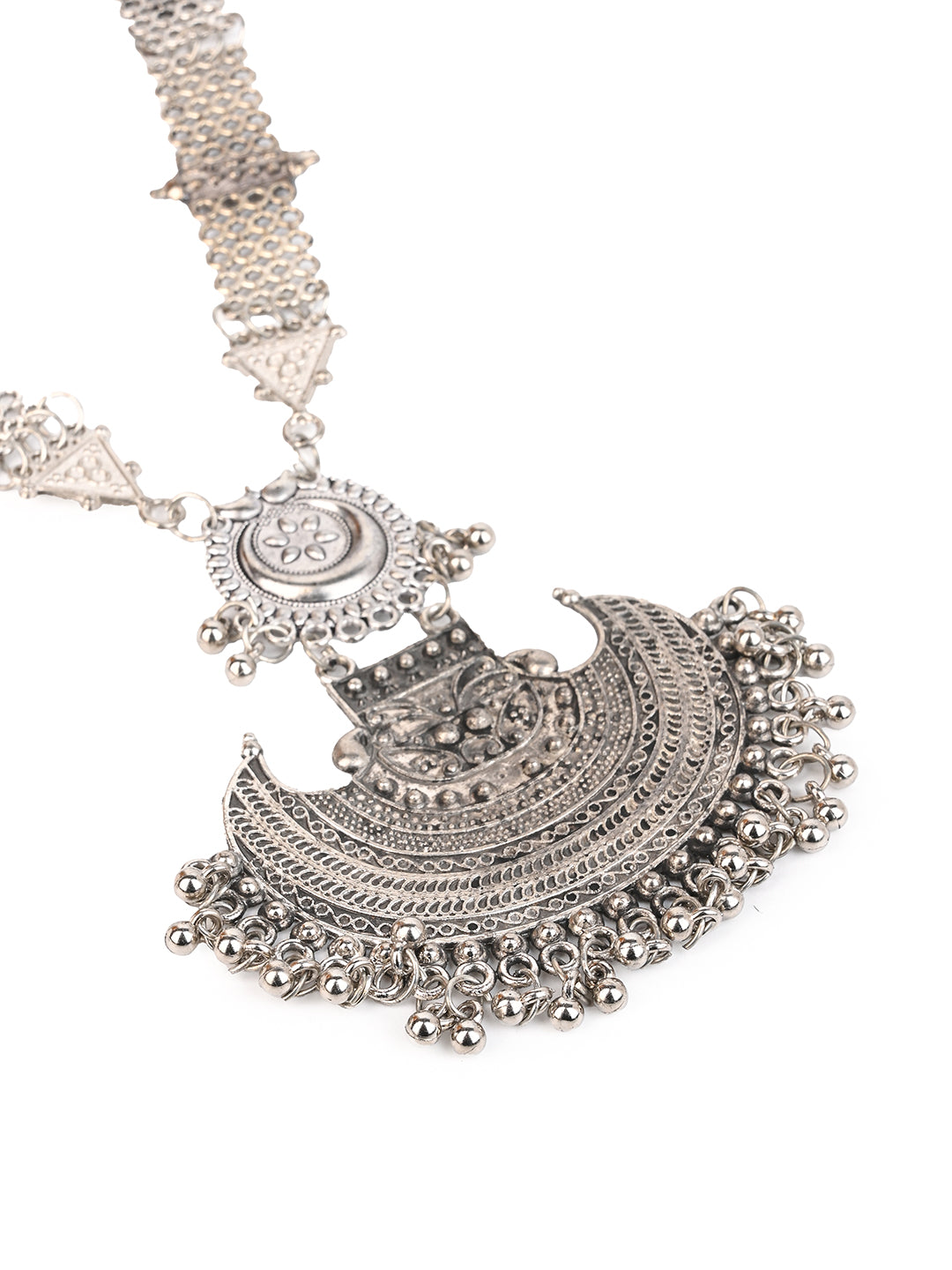 MAURYANA - Oxidised silver half moon pendant necklace set with earrings - adjustable length