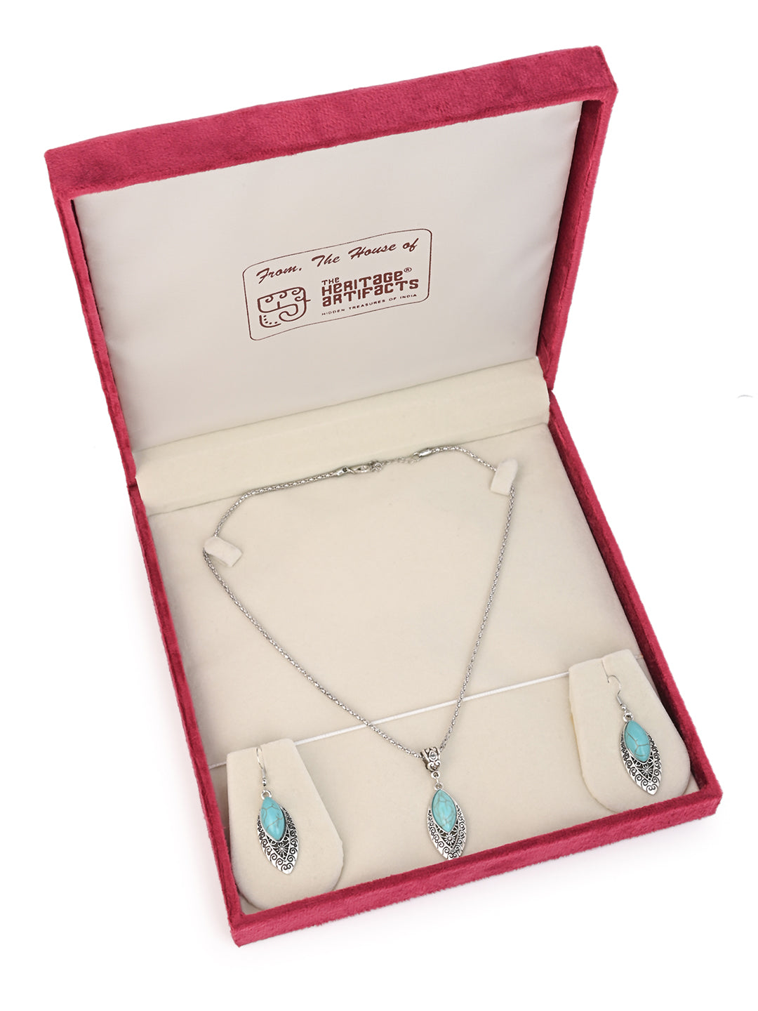 MAURYANA - Alloy Metal and Turquoise Pendant Necklace Set with Earrings