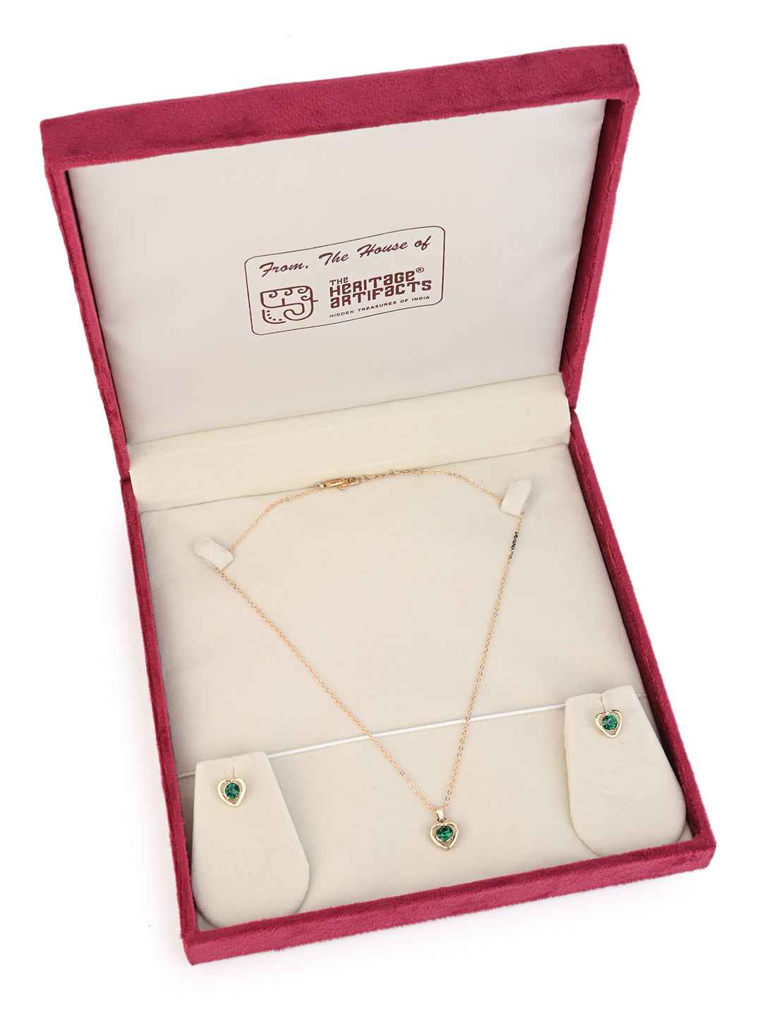 MAURYANA - Alloy Metal and Artificial Gemstone Heart Pendant Necklace set with Earrings - Available in Blue and Green Colors