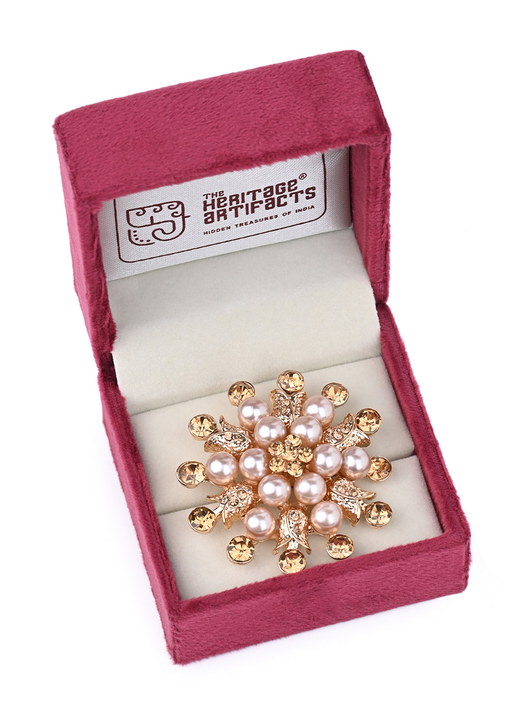 MAURYANA - Rhinestones and Pearl Crafted Flower Design Luxury Ring