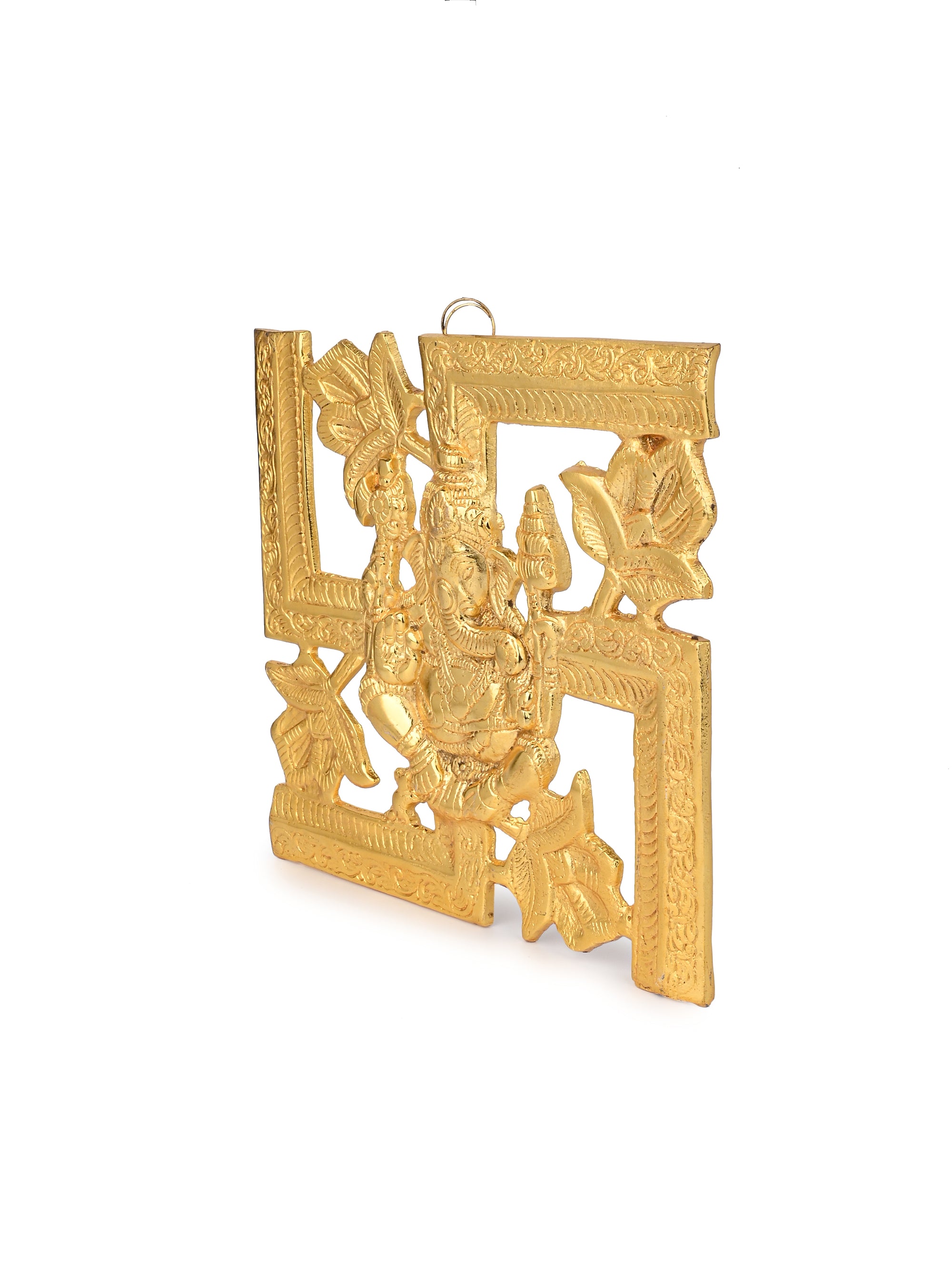 Metal Crafted Golden Swastik Ganesh Hanging Wall Decor - 8 inches