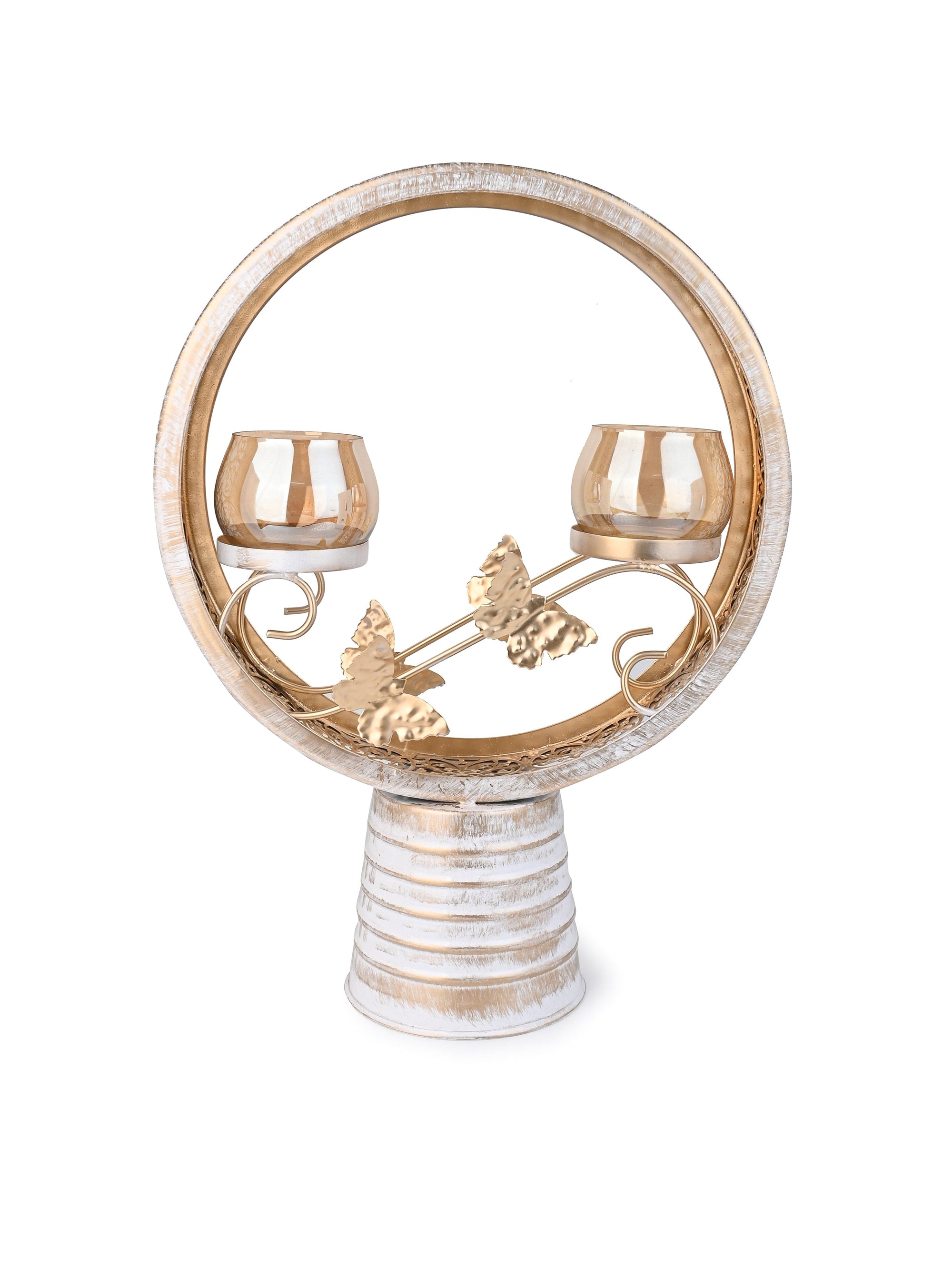 Set of 2 Glass Candle Holders In a Round Metal Frame - 16 inches