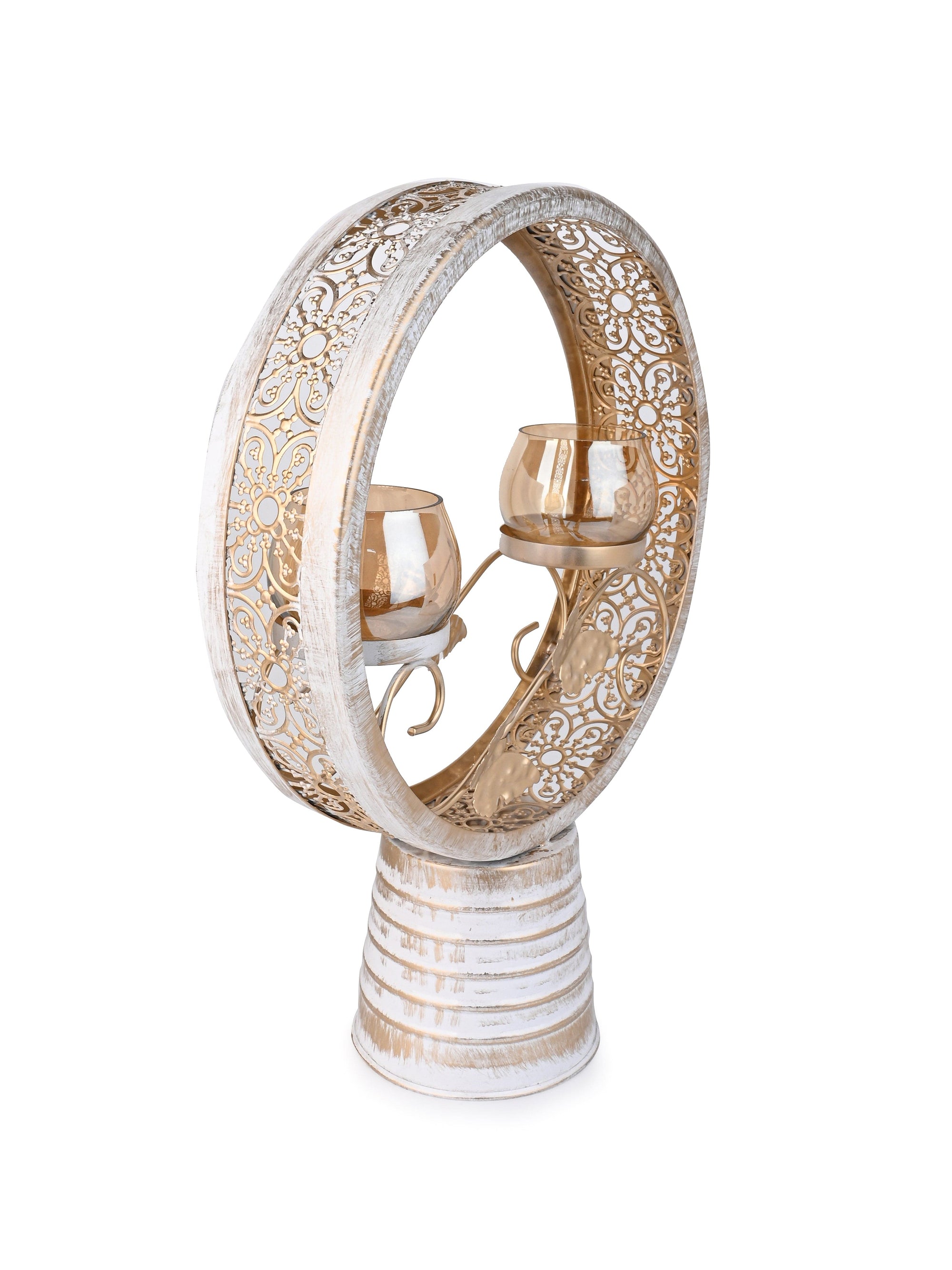 Set of 2 Glass Candle Holders In a Round Metal Frame - 16 inches