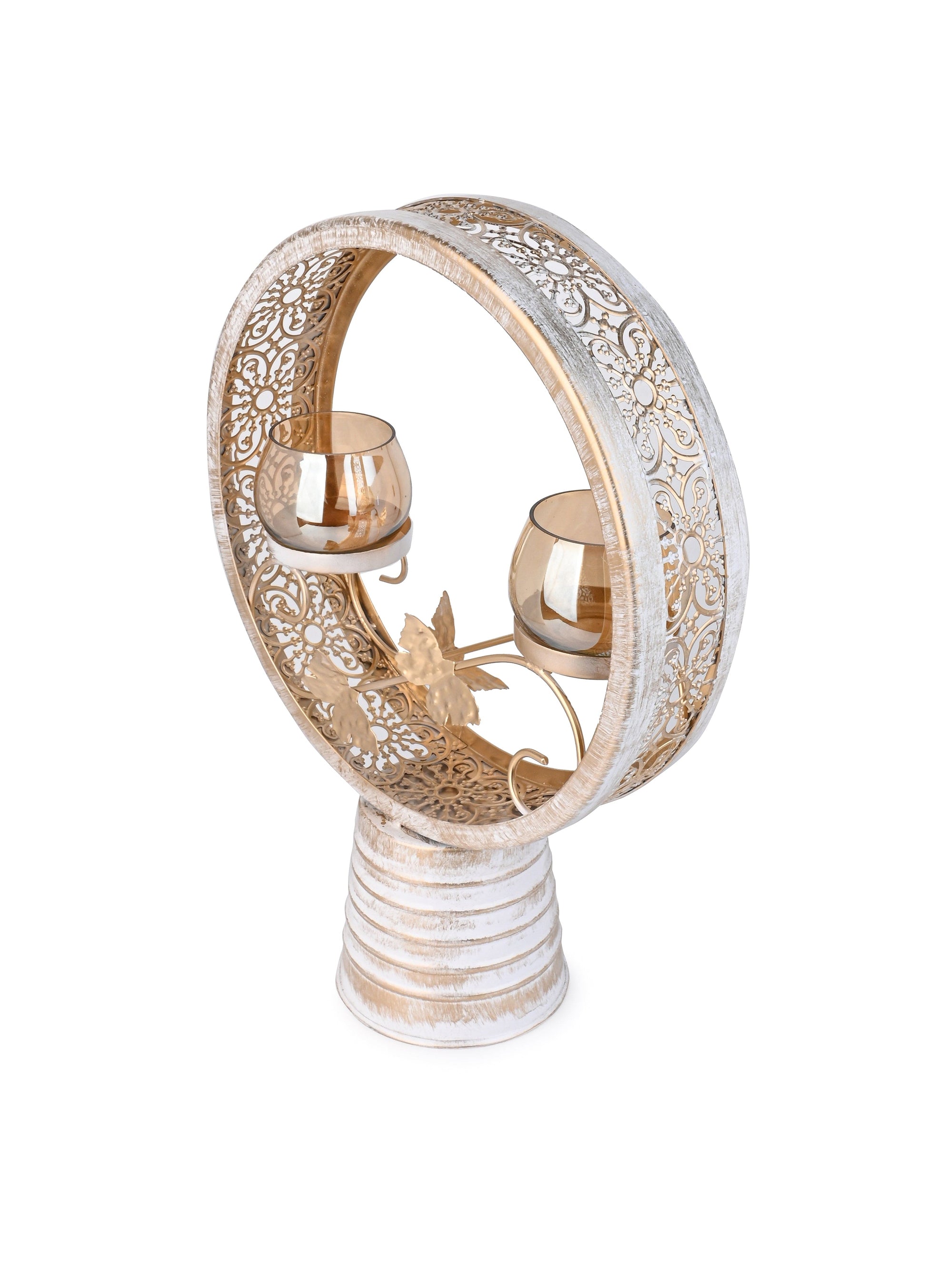 Set of 2 Glass Candle Holders In a Round Metal Frame - 16 inches