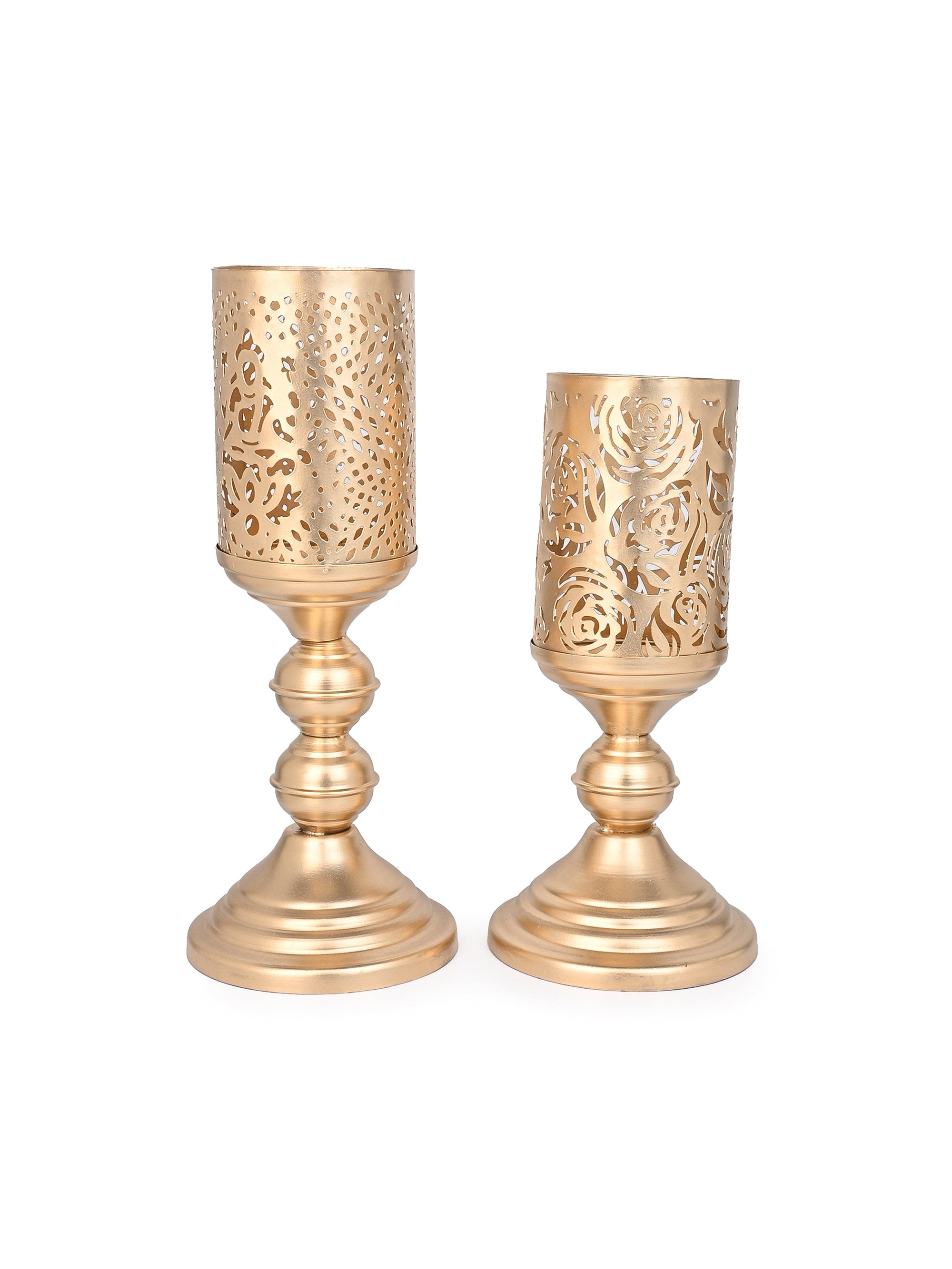 Set of 2 Cylindrical Metal Candle Holders with Cutwork design on the Body
