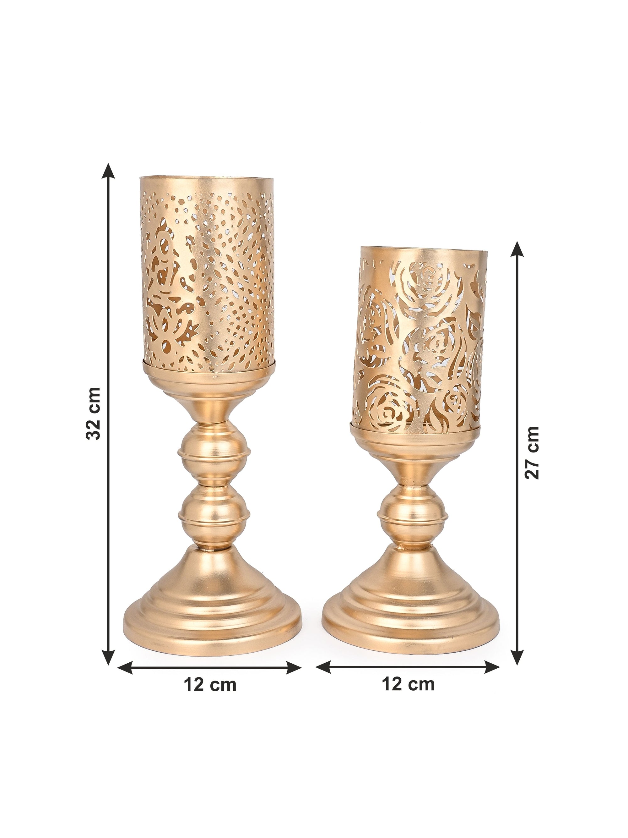 Set of 2 Cylindrical Metal Candle Holders with Cutwork design on the Body