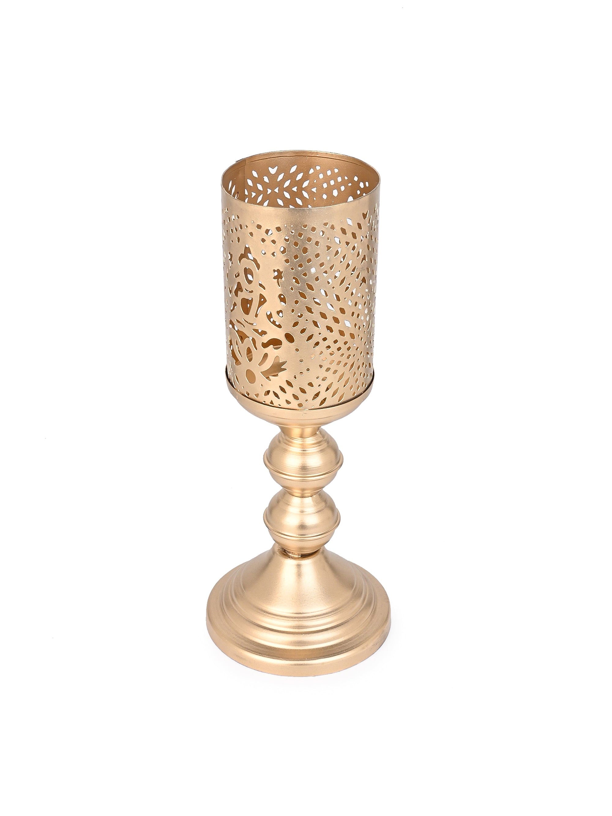 Set of 2 Cylindrical Metal Candle Holders with Cutwork design on the Body