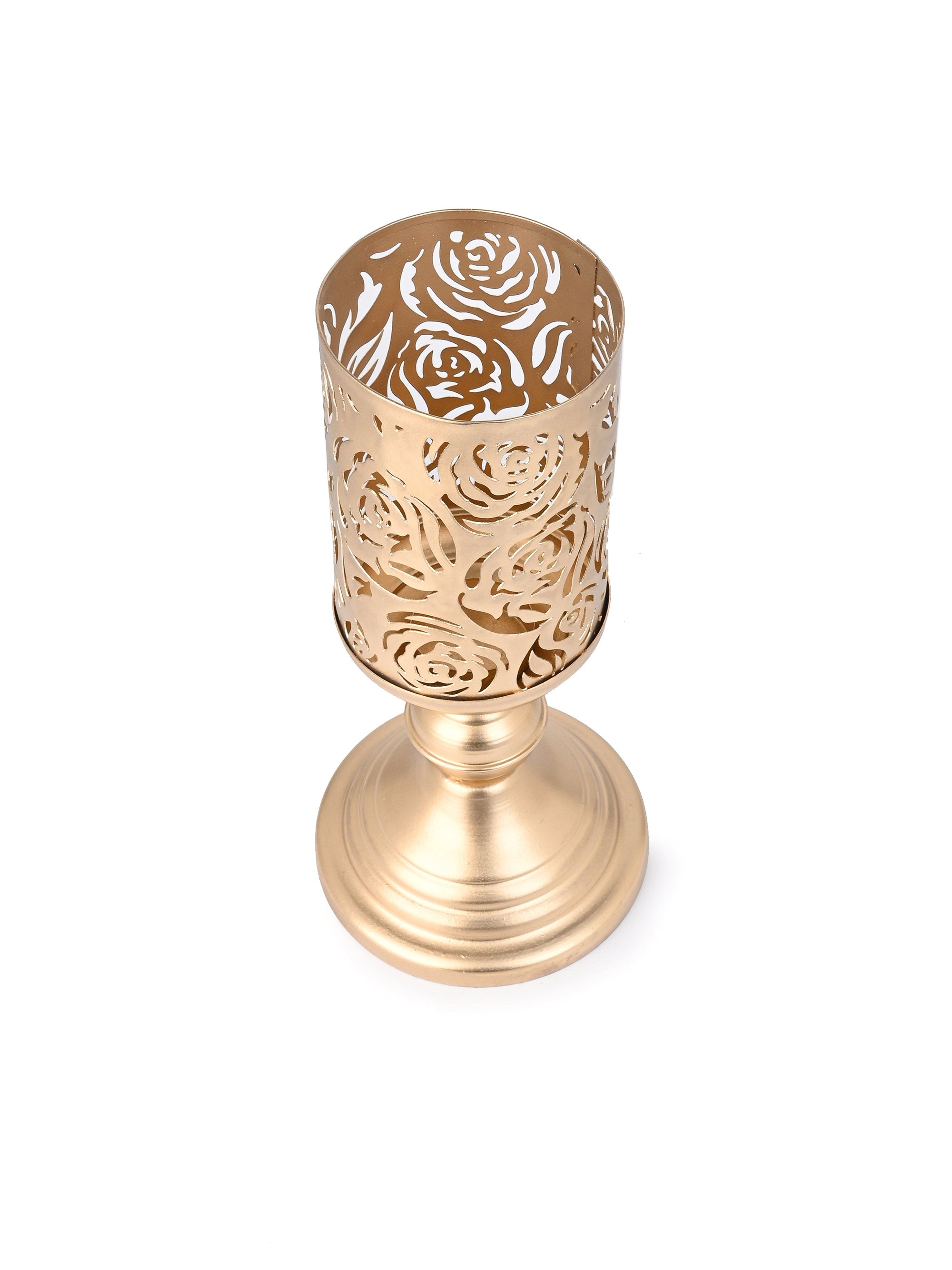 Set of 2 Cylindrical Metal Candle Holders with Cutwork design on the Body