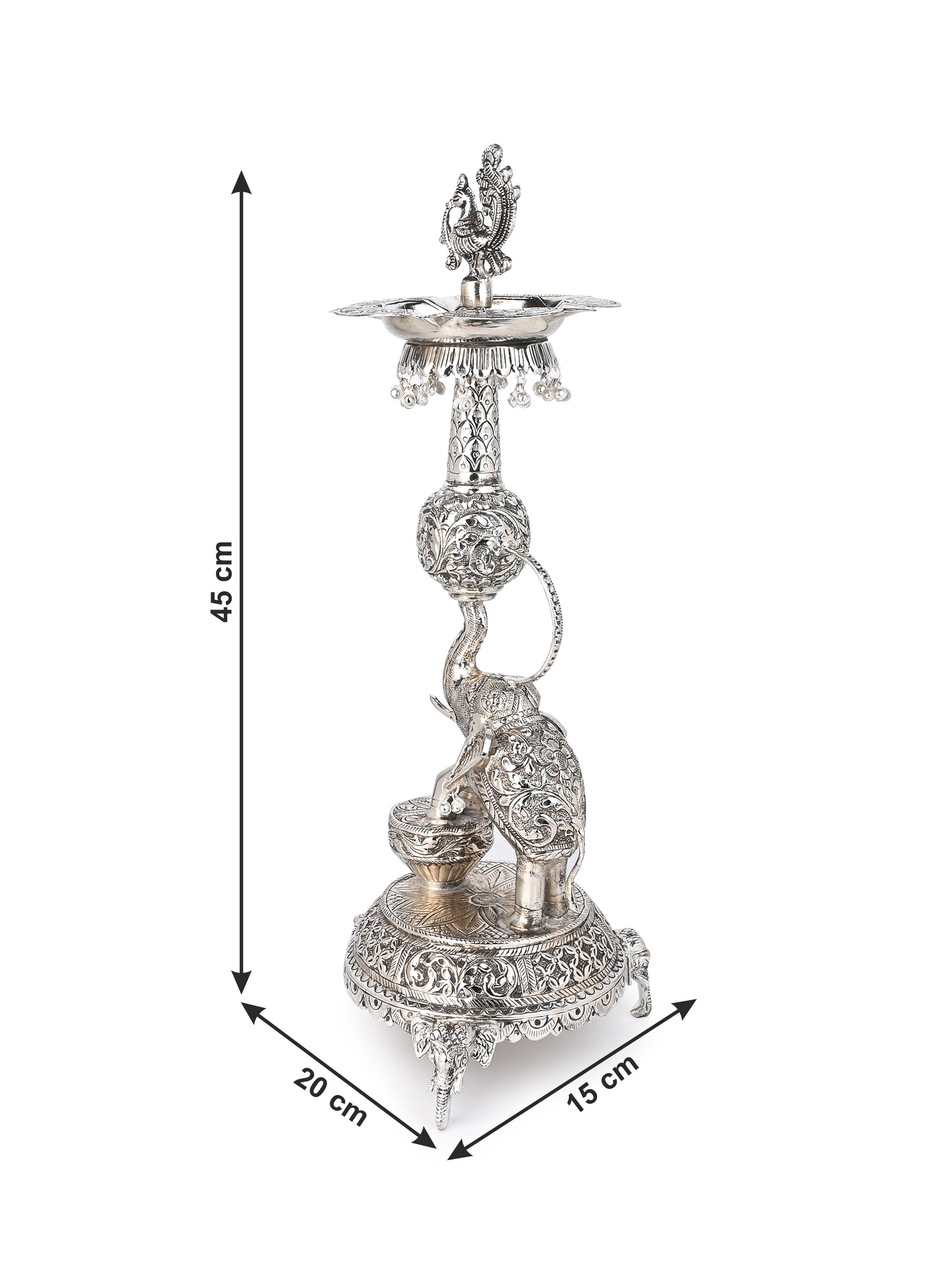 Antique Finish Oxidized Silver Traditional Lamp / Samai for Puja Rituals - 18 inches
