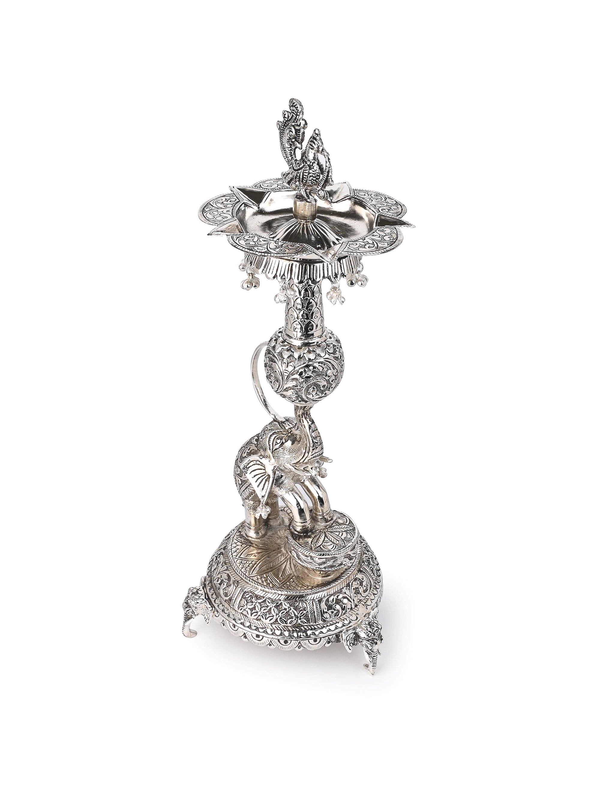 Antique Finish Oxidized Silver Traditional Lamp / Samai for Puja Rituals - 18 inches