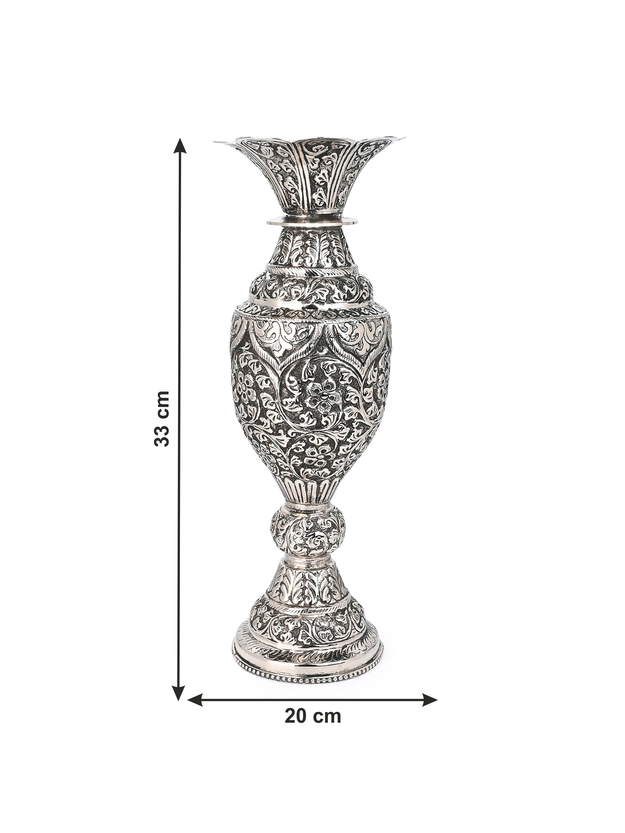 Antique Finish Oxidized Silver Stylish Flower Vase for Home Office Decor - 12 inches