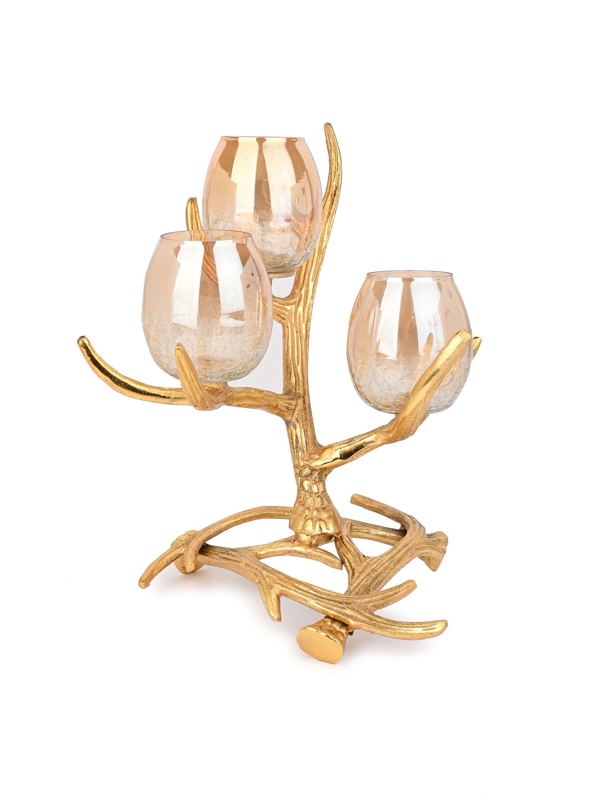 3 piece Glass Candle Holder on a Abstract Branches Design Stand - 12 inches