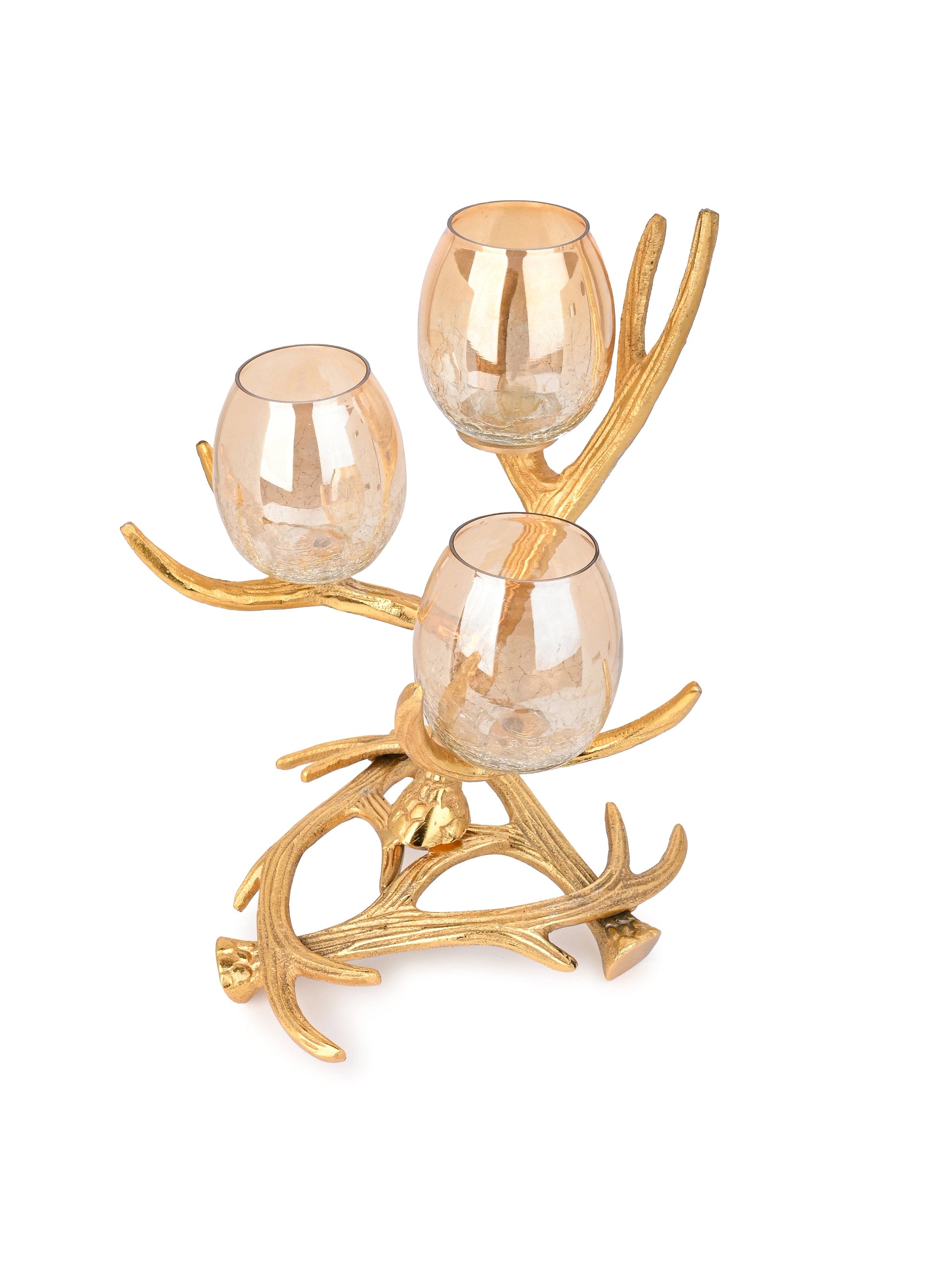 3 piece Glass Candle Holder on a Abstract Branches Design Stand - 12 inches