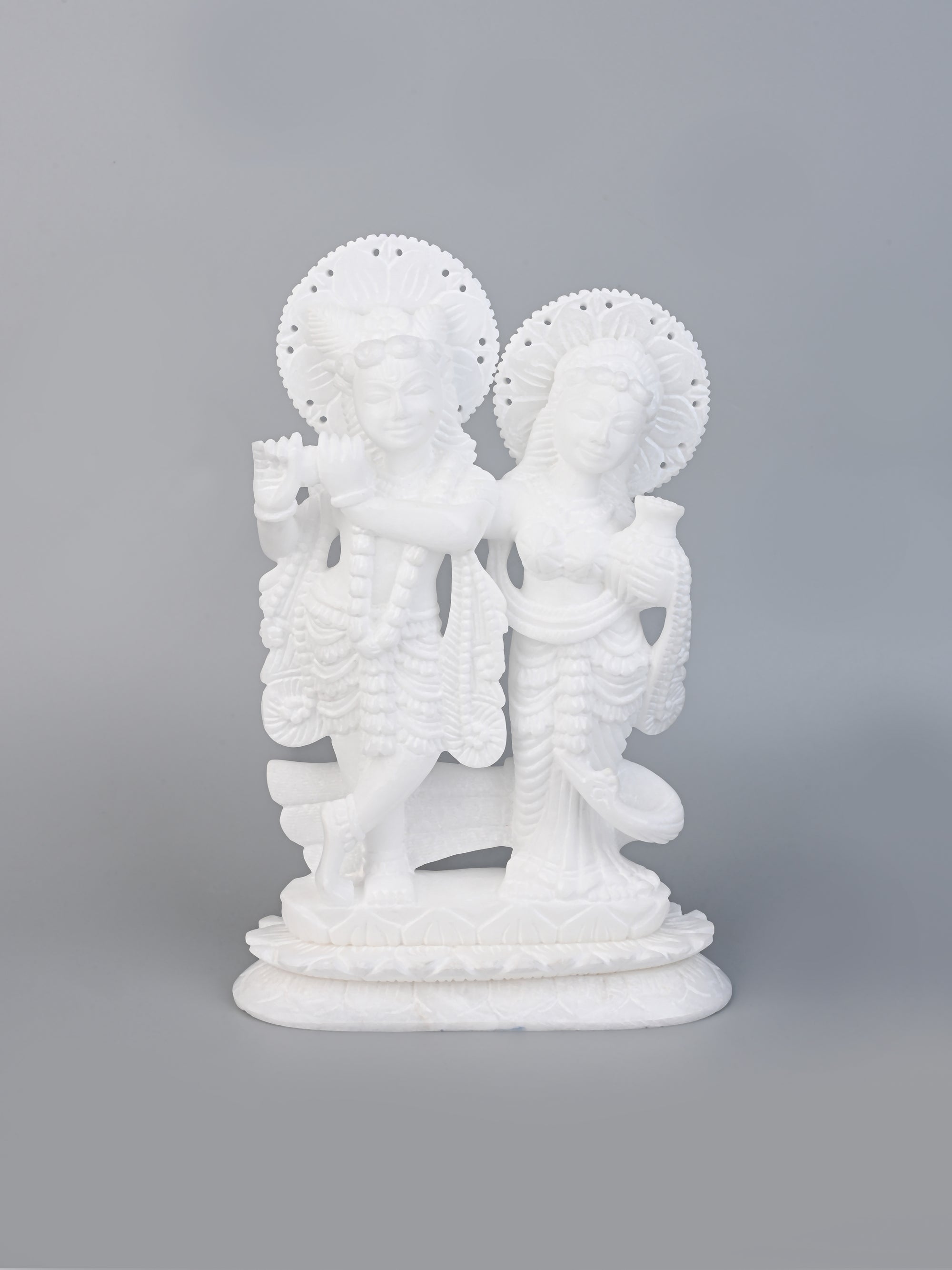 White Marble Stone Crafted Radha Krishna Idol - 10 inches height
