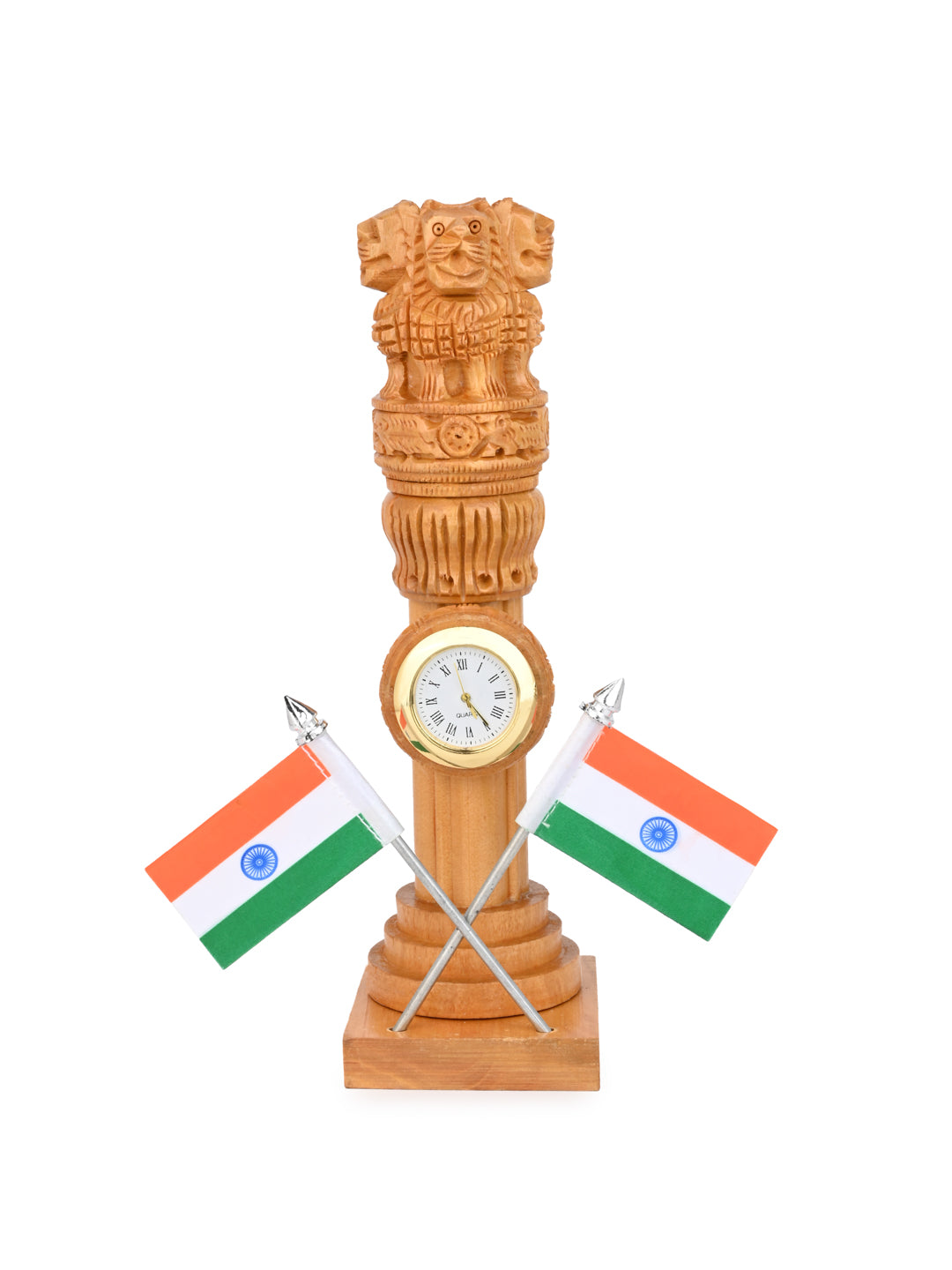 Kadam wood carved Ashoka pillar with Indian national flag for table decor - 10 inches
