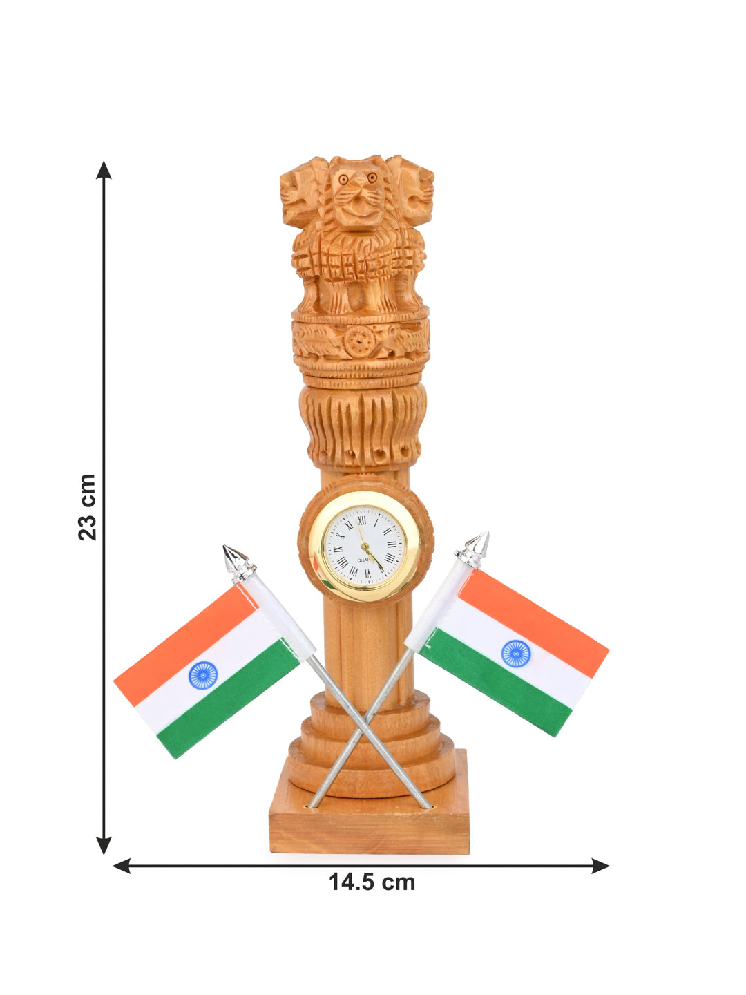 Kadam wood carved Ashoka pillar with Indian national flag for table decor - 10 inches