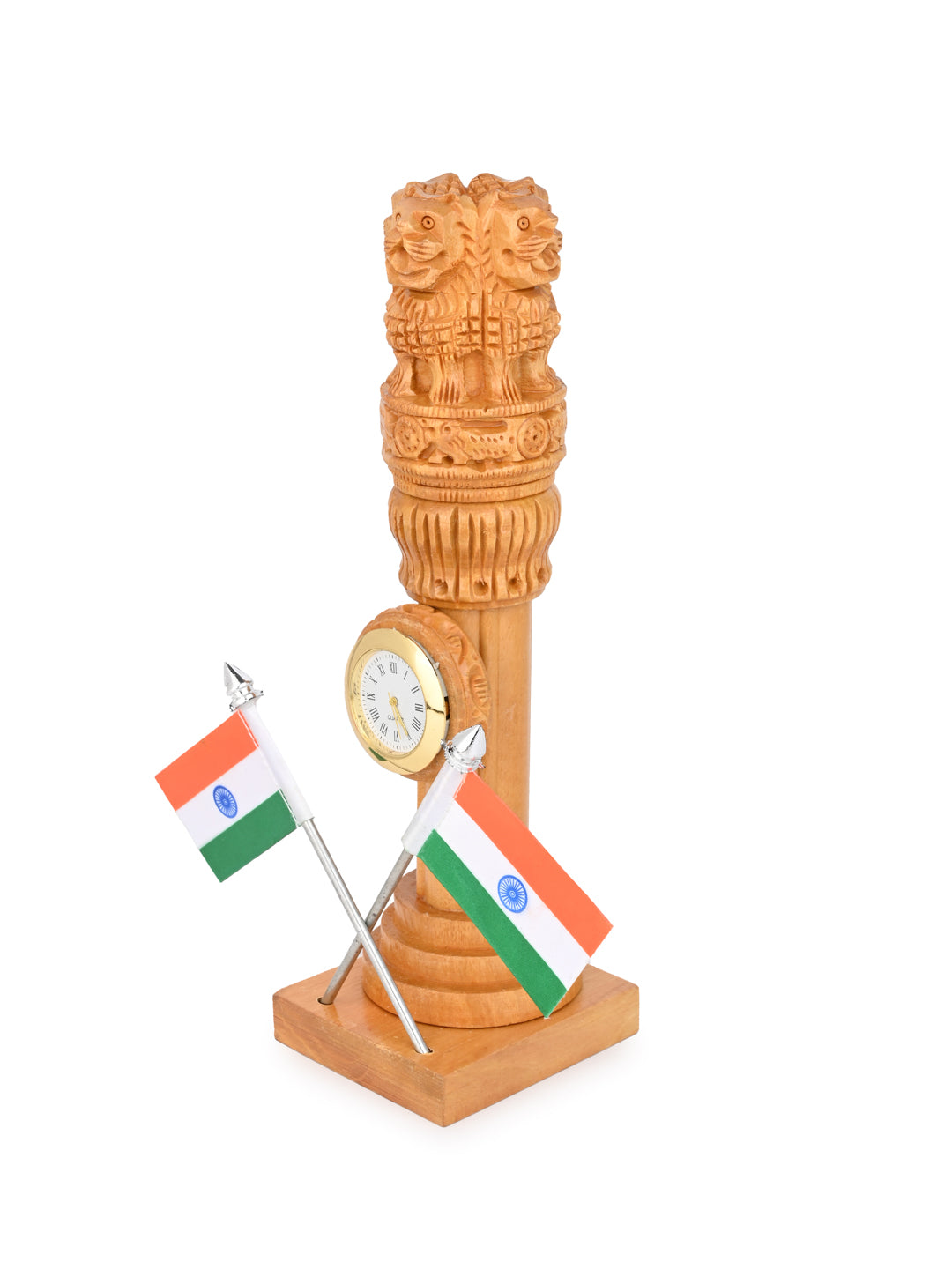 Kadam wood carved Ashoka pillar with Indian national flag for table decor - 10 inches