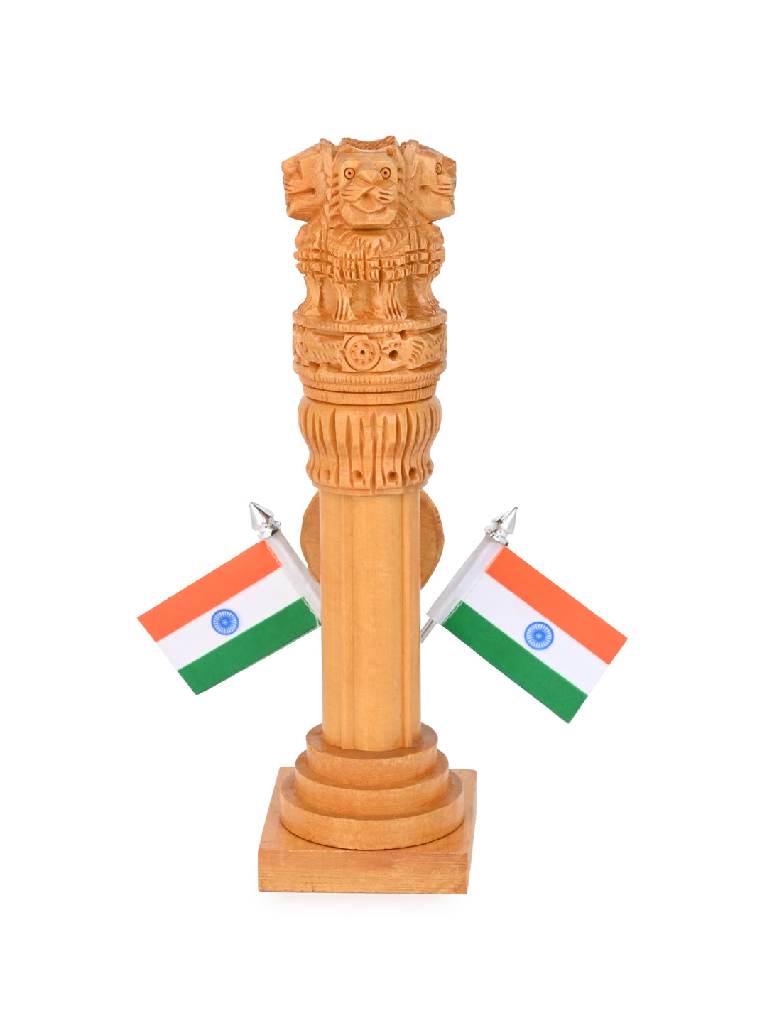 Kadam wood carved Ashoka pillar with Indian national flag for table decor - 10 inches