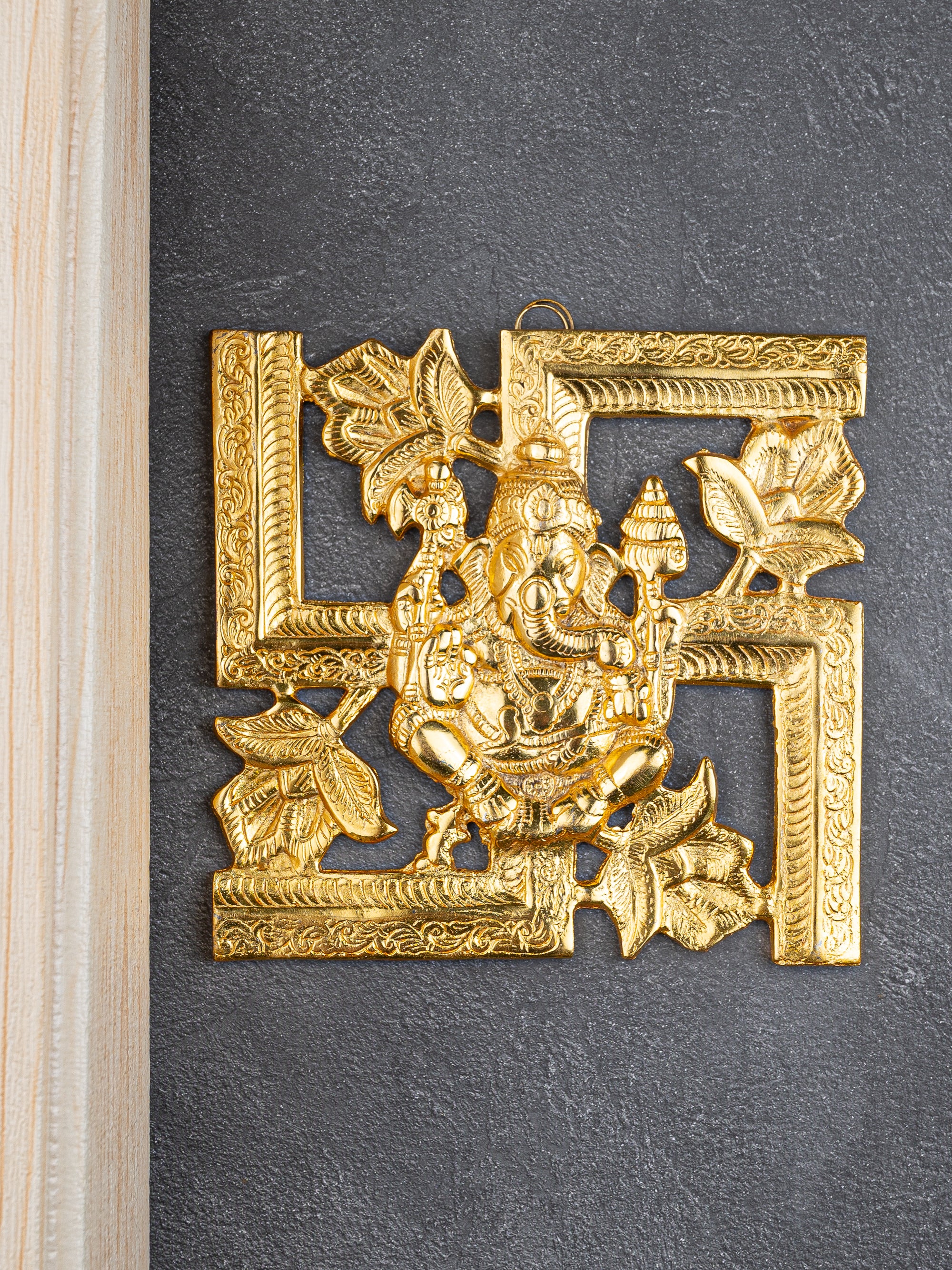 Metal Crafted Golden Swastik Ganesh Hanging Wall Decor - 8 inches