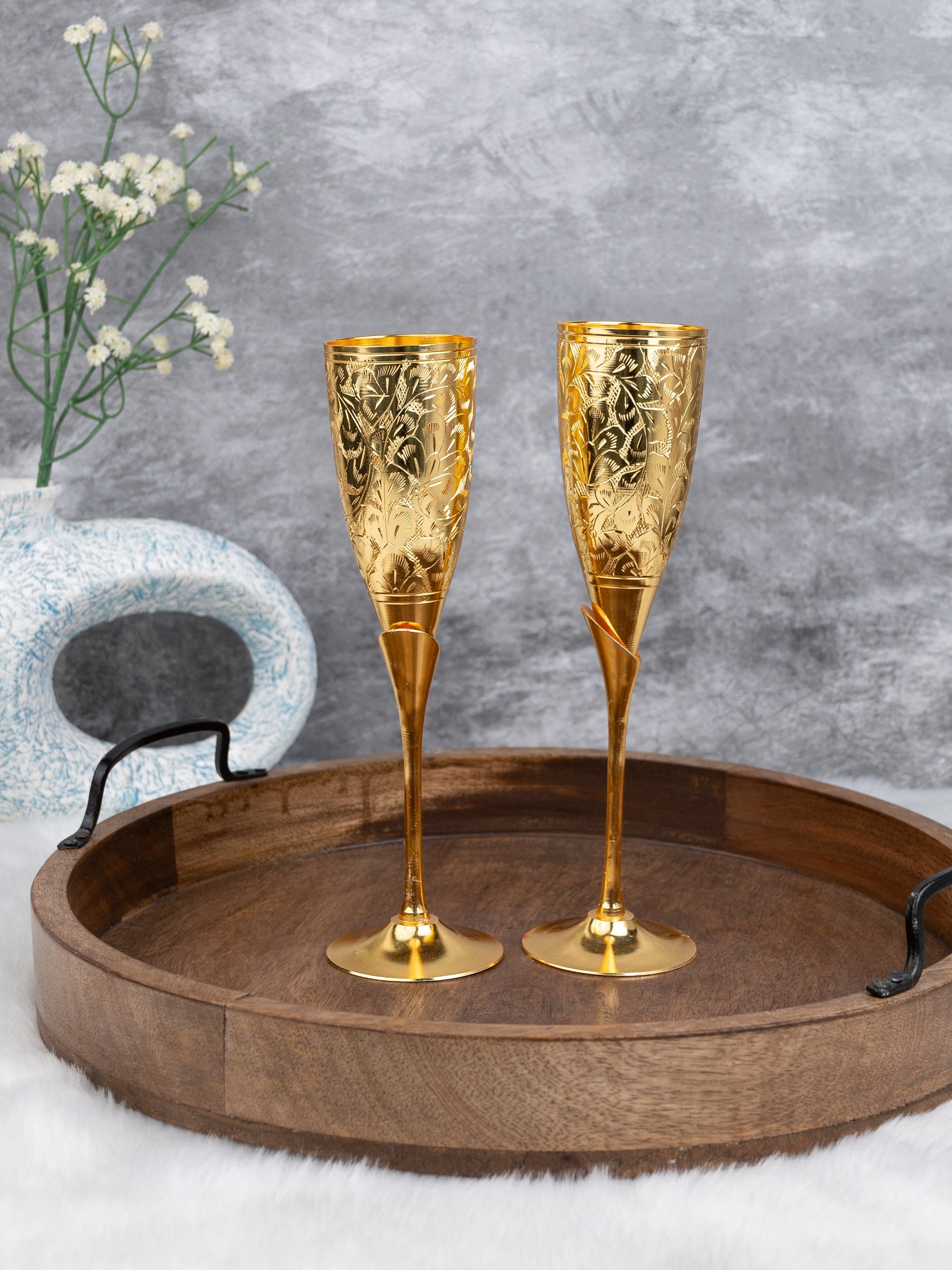 Brass Crafted Champagne Glass - Set of 2 in a Red Velvet Gift Box