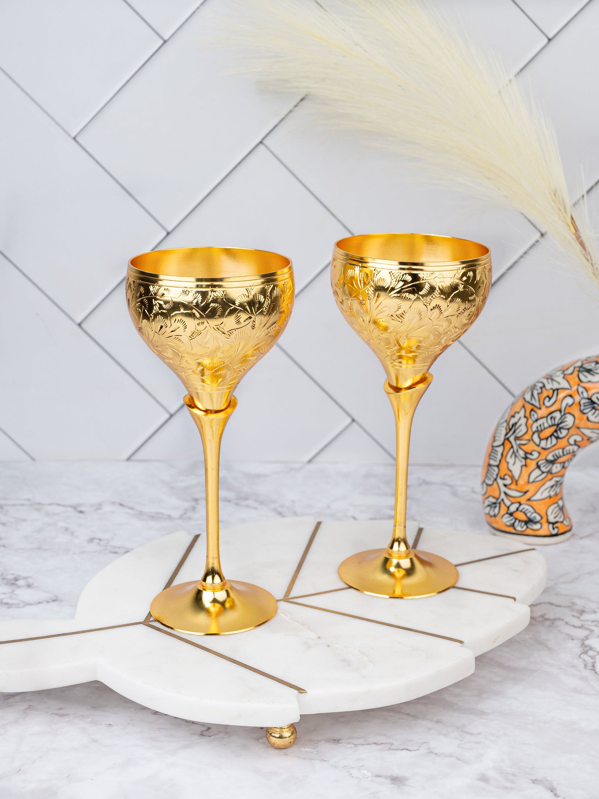 Brass Crafted Wine Glass - Set of 2 in Red Velvet Gift Box