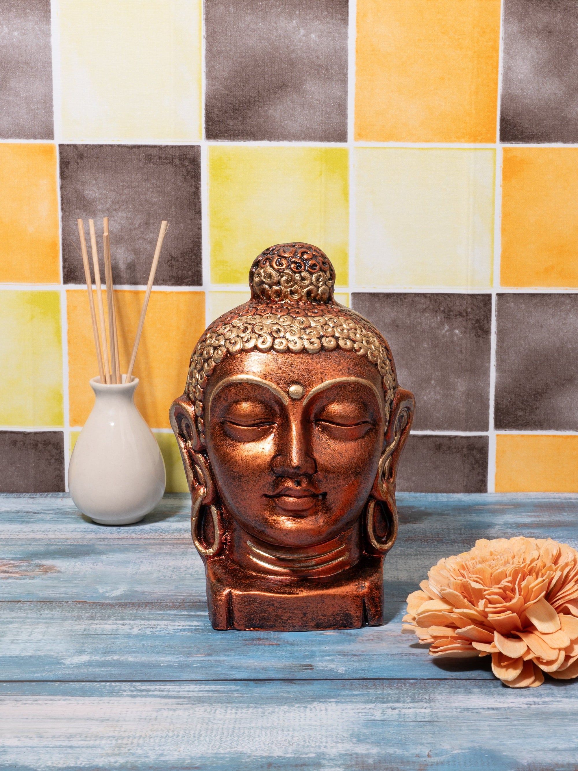 Terracotta Handcrafted Lord Buddha Face in Metallic Brown Color