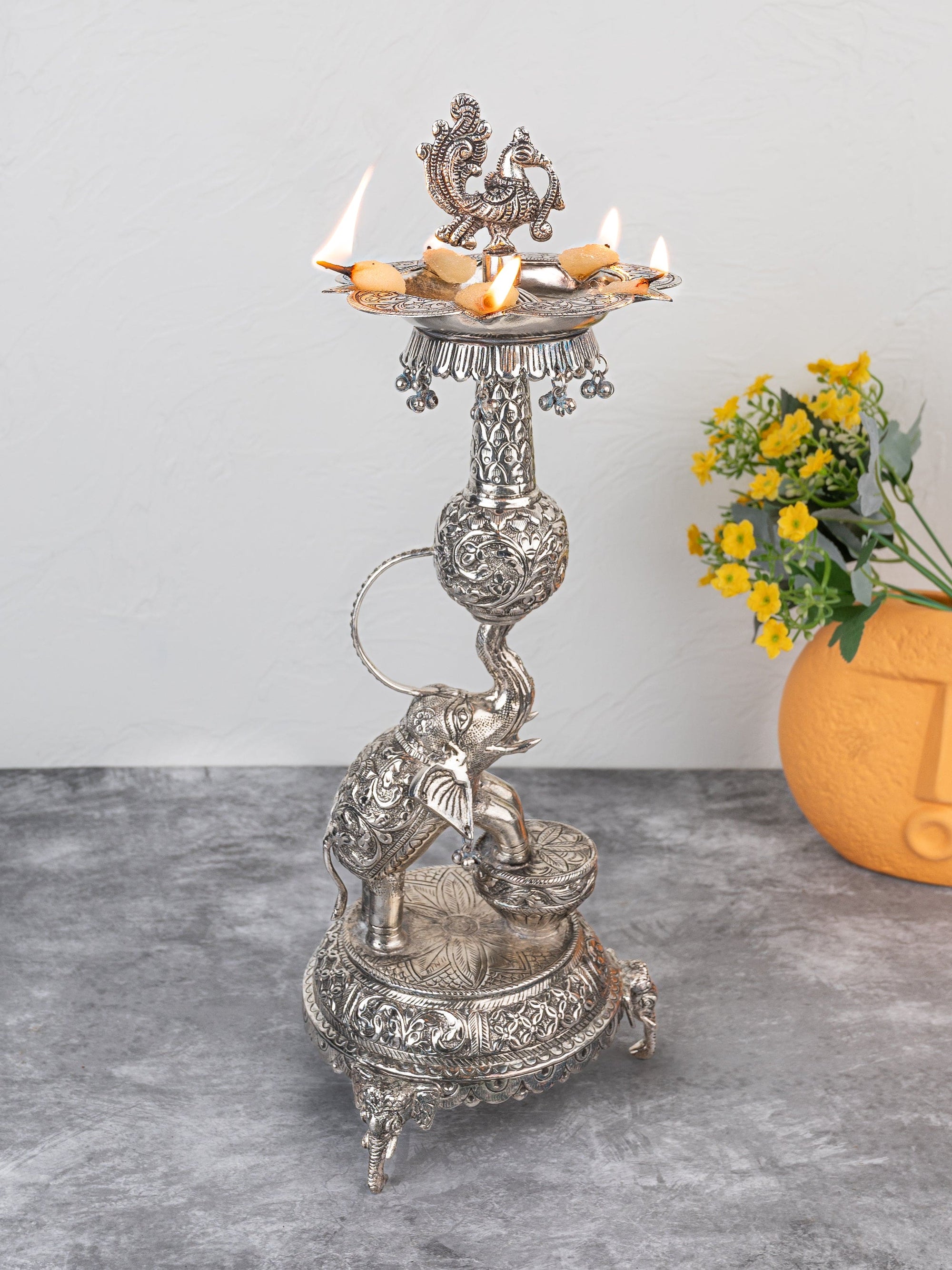 Antique Finish Oxidized Silver Traditional Lamp / Samai for Puja Rituals - 18 inches
