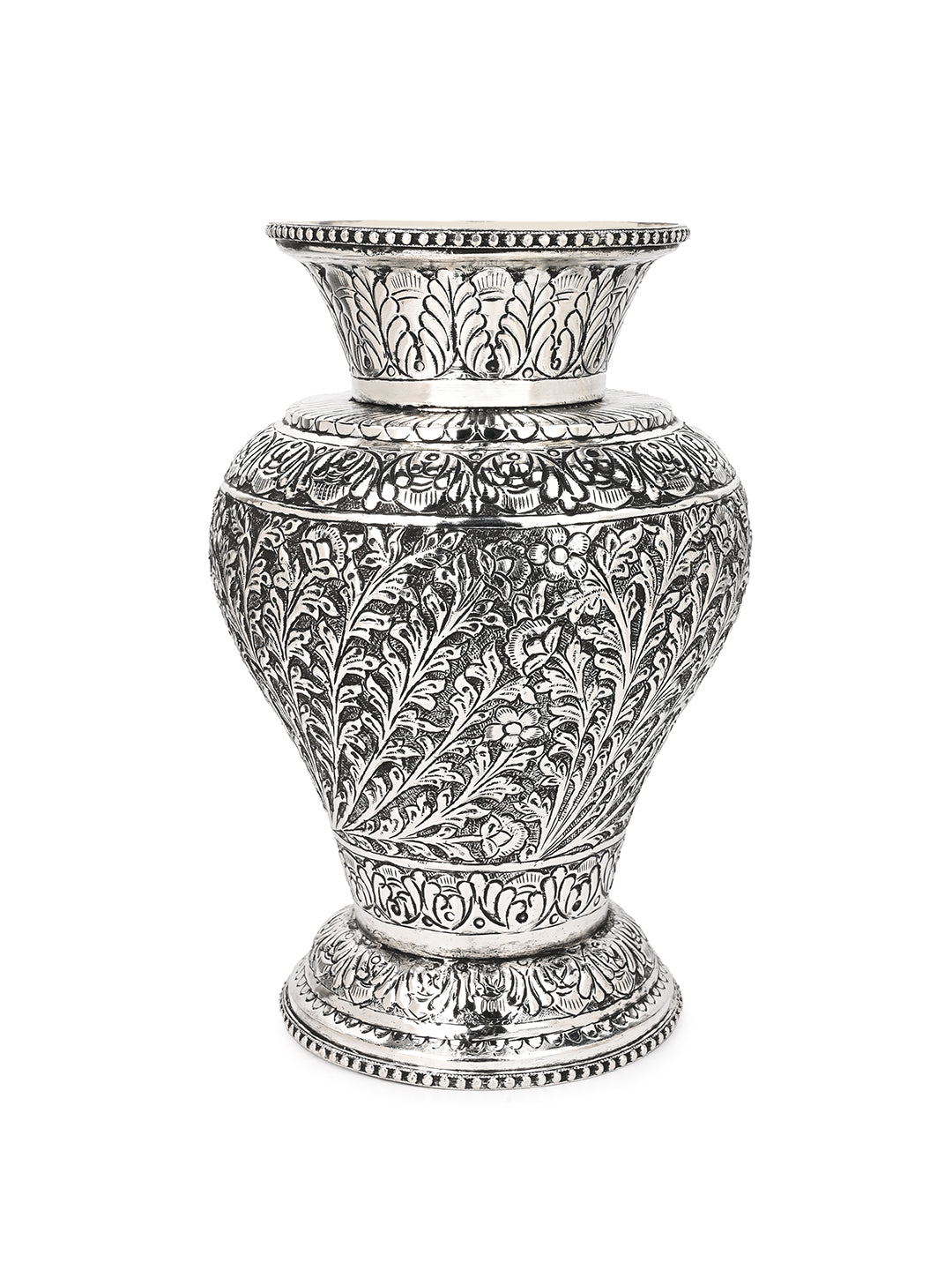 Exclusively handcrafted oxidised silver flower vase for home office decor - 10 inches